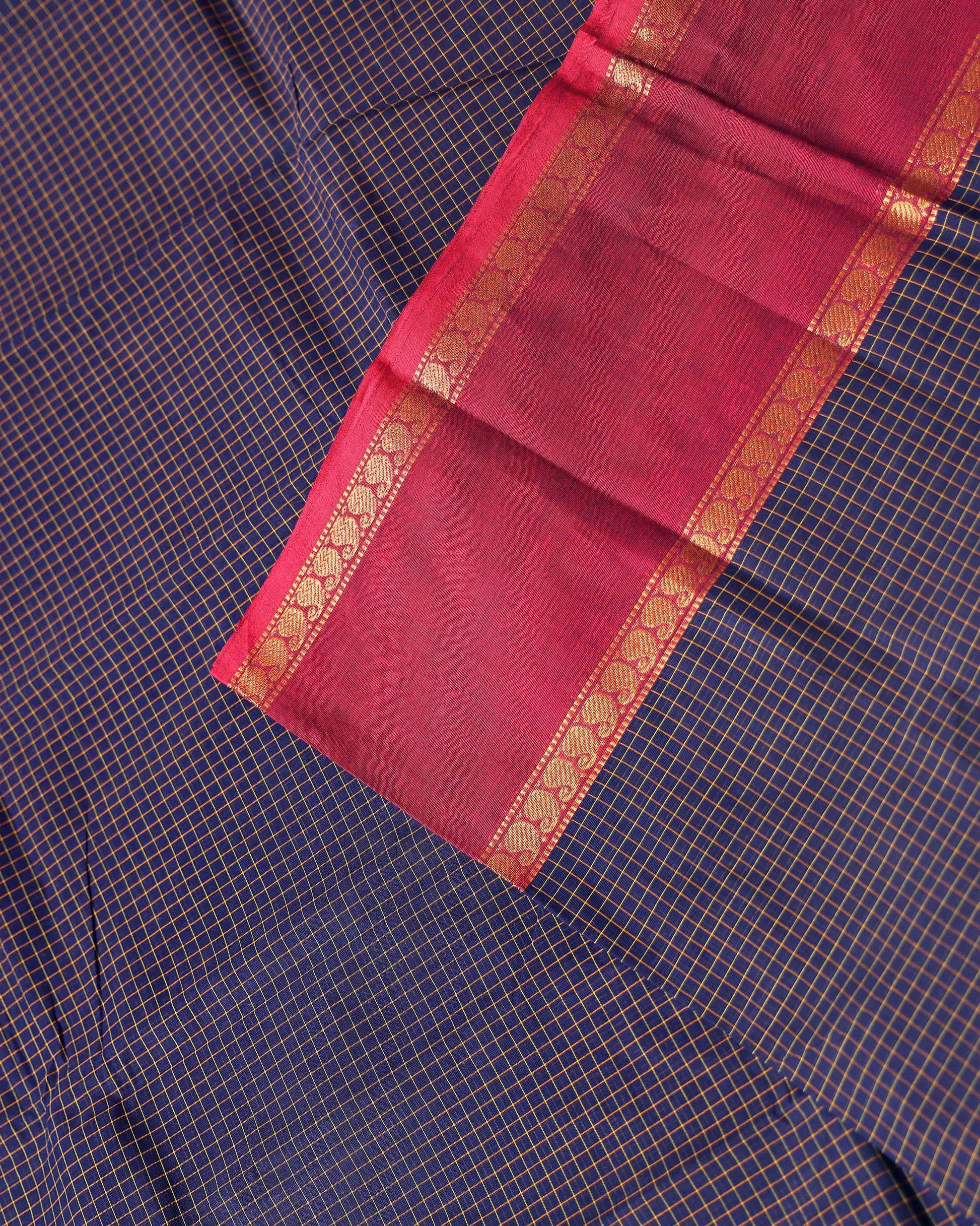 Elegant Chettinad Cotton Saree with Grid Pattern and Contrast Border - Navy Blue-Close