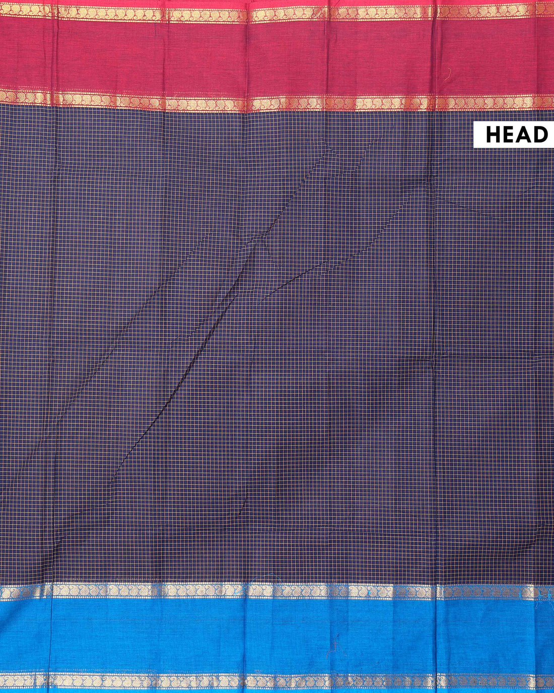 Elegant Chettinad Cotton Saree with Grid Pattern and Contrast Border - Navy Blue
