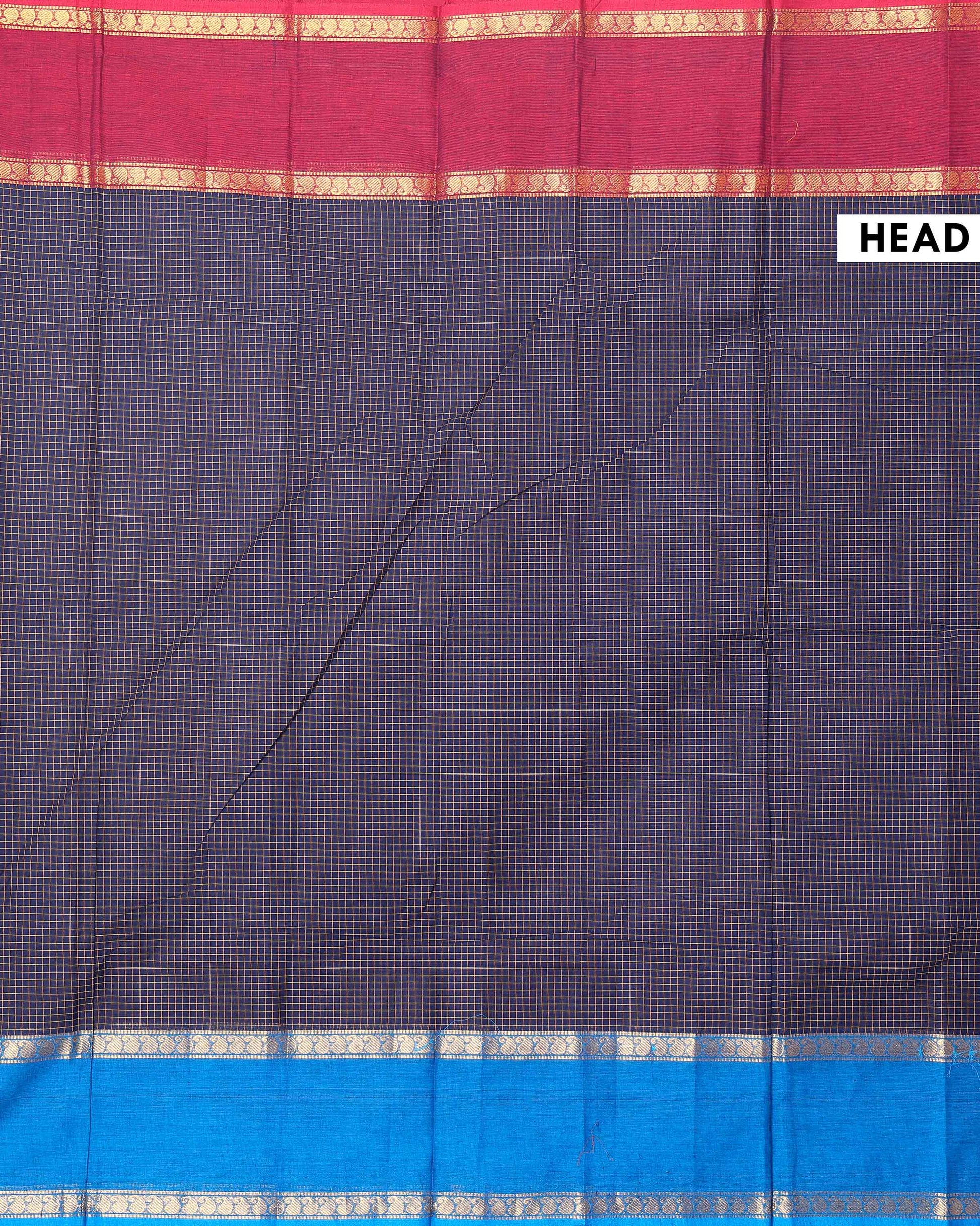 Elegant Chettinad Cotton Saree with Grid Pattern and Contrast Border - Navy Blue-Head