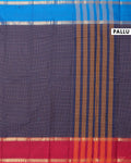 Elegant Chettinad Cotton Saree with Grid Pattern and Contrast Border - Navy Blue-Pallu