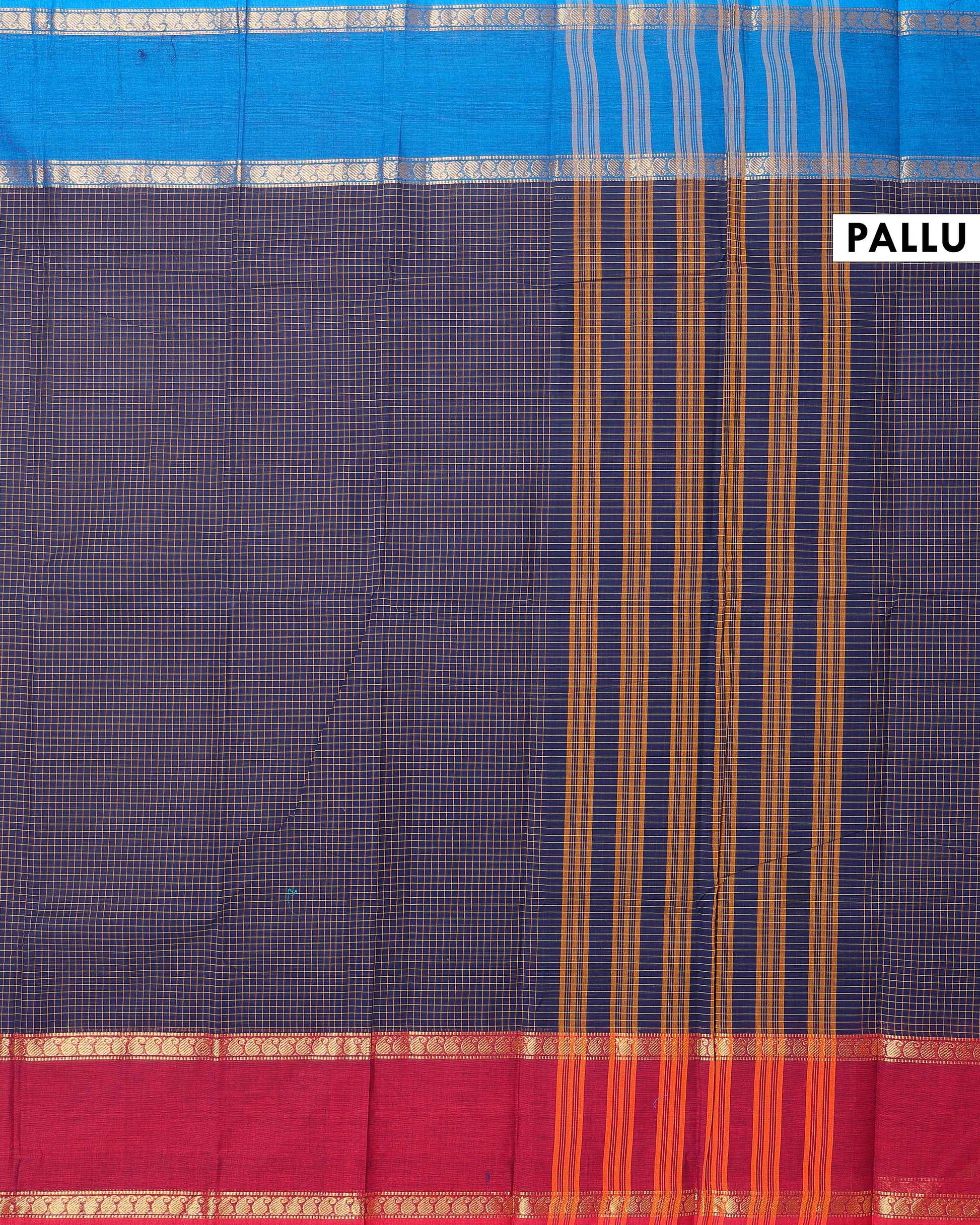 Elegant Chettinad Cotton Saree with Grid Pattern and Contrast Border - Navy Blue-Pallu