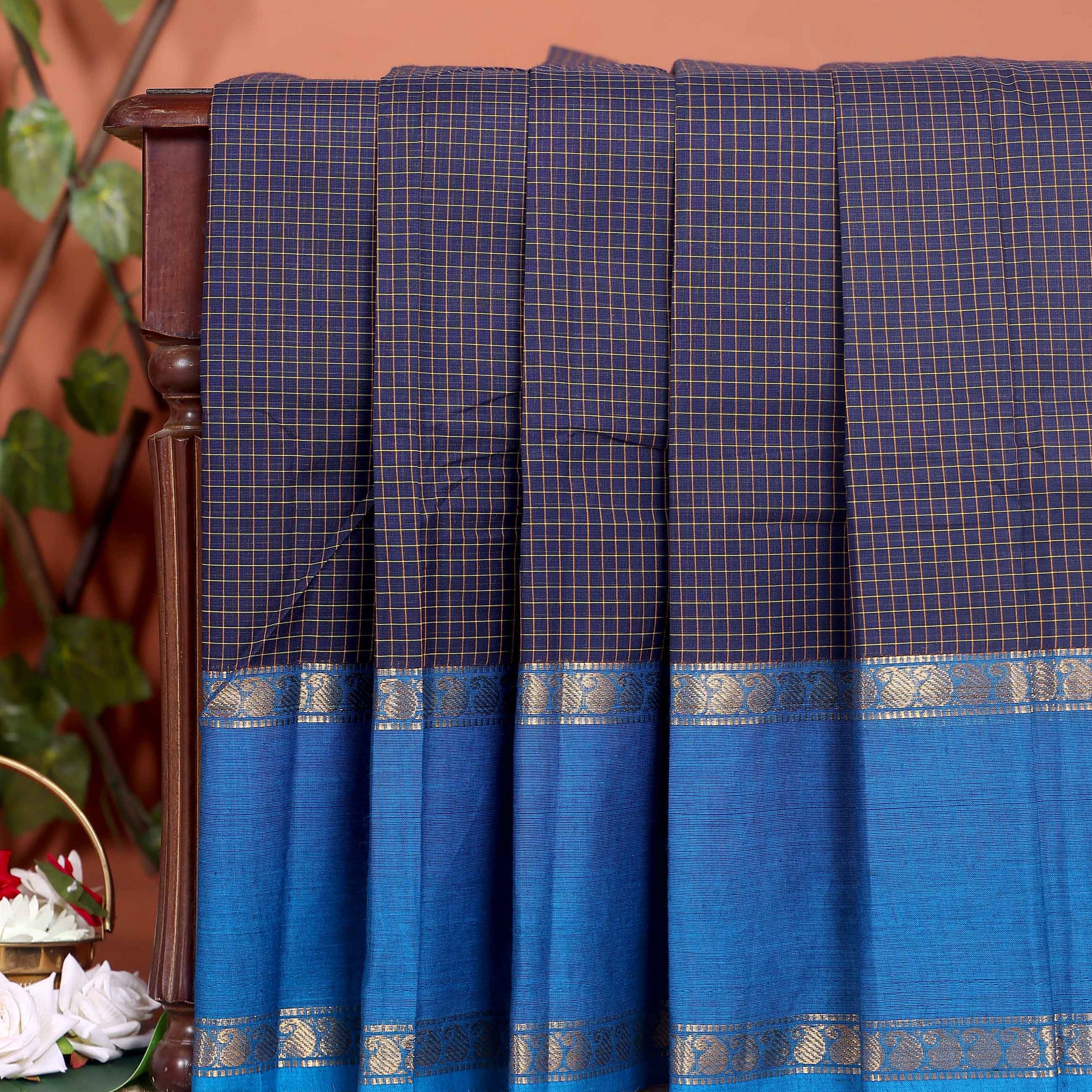 Elegant Chettinad Cotton Saree with Grid Pattern and Contrast Border - Navy Blue