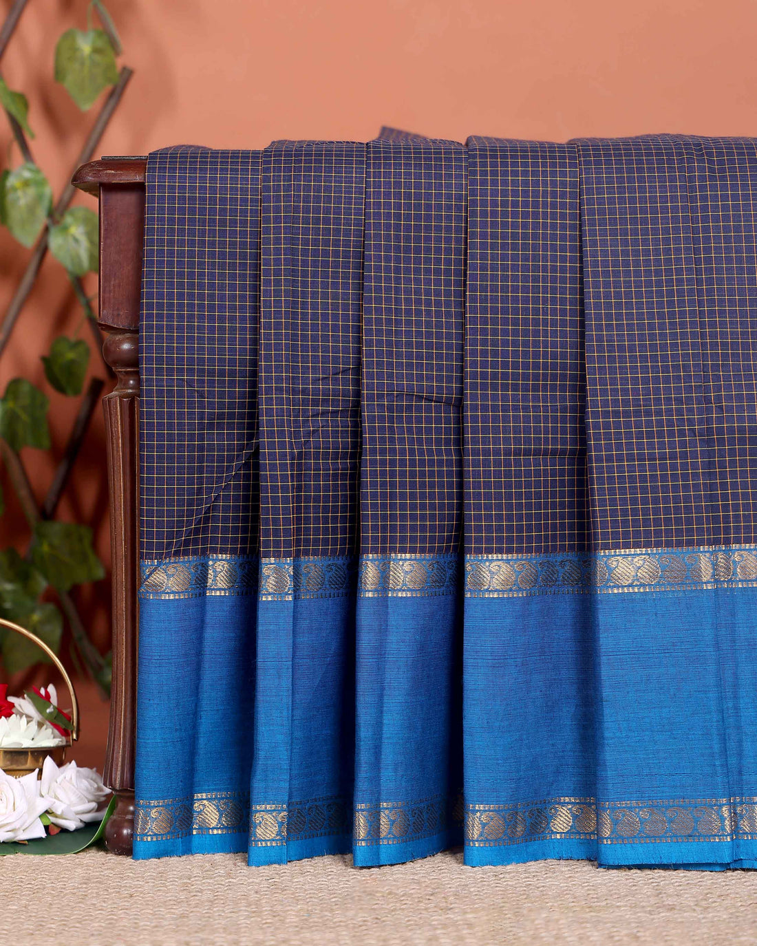 Elegant Chettinad Cotton Saree with Grid Pattern and Contrast Border - Navy Blue