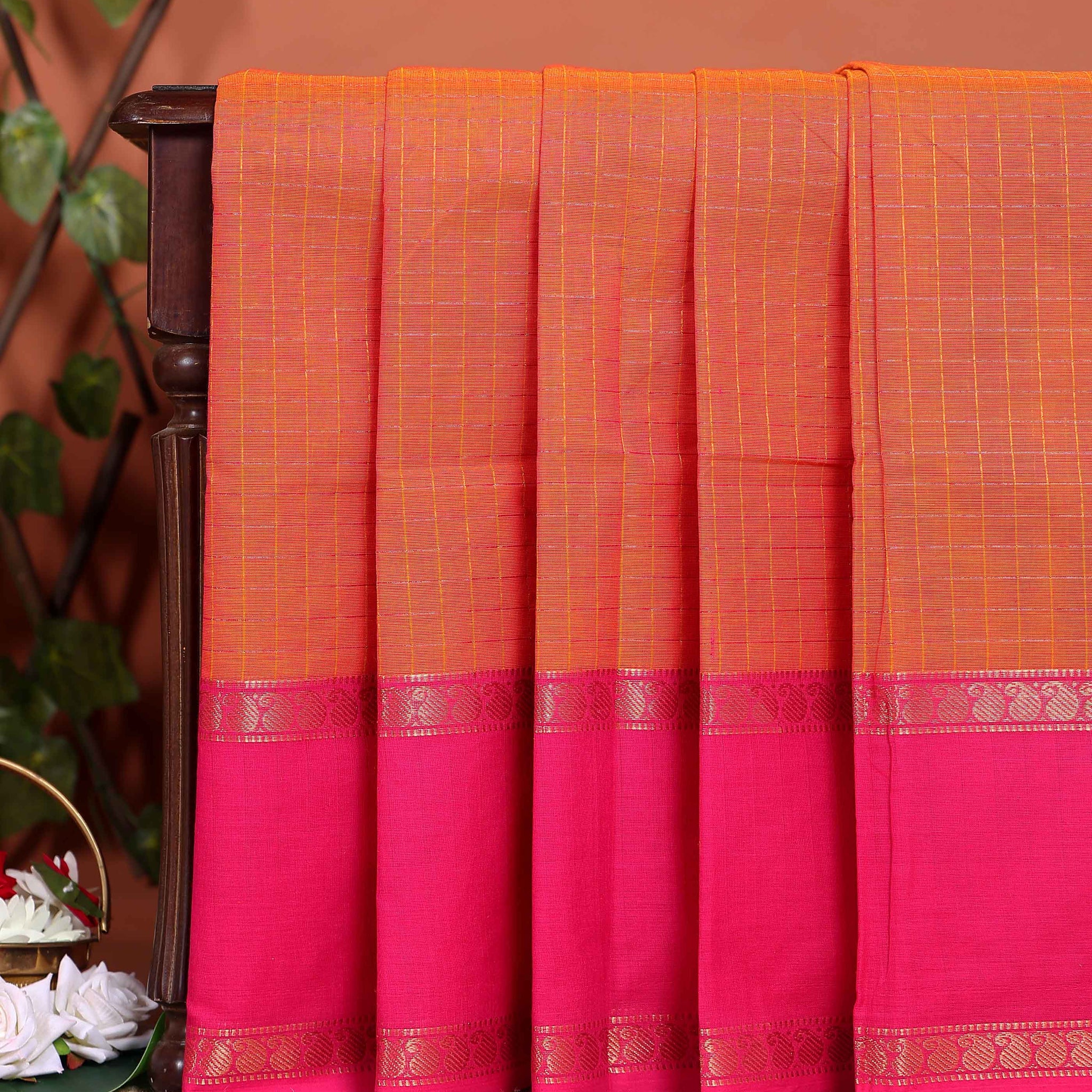 Elegant Chettinad Cotton Saree with Grid Pattern and Contrast Border - Orange