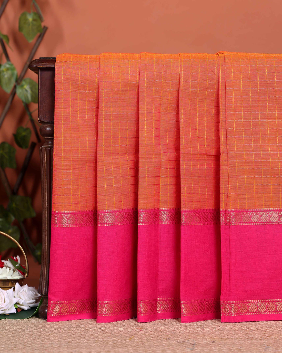 Elegant Chettinad Cotton Saree with Grid Pattern and Contrast Border - Orange