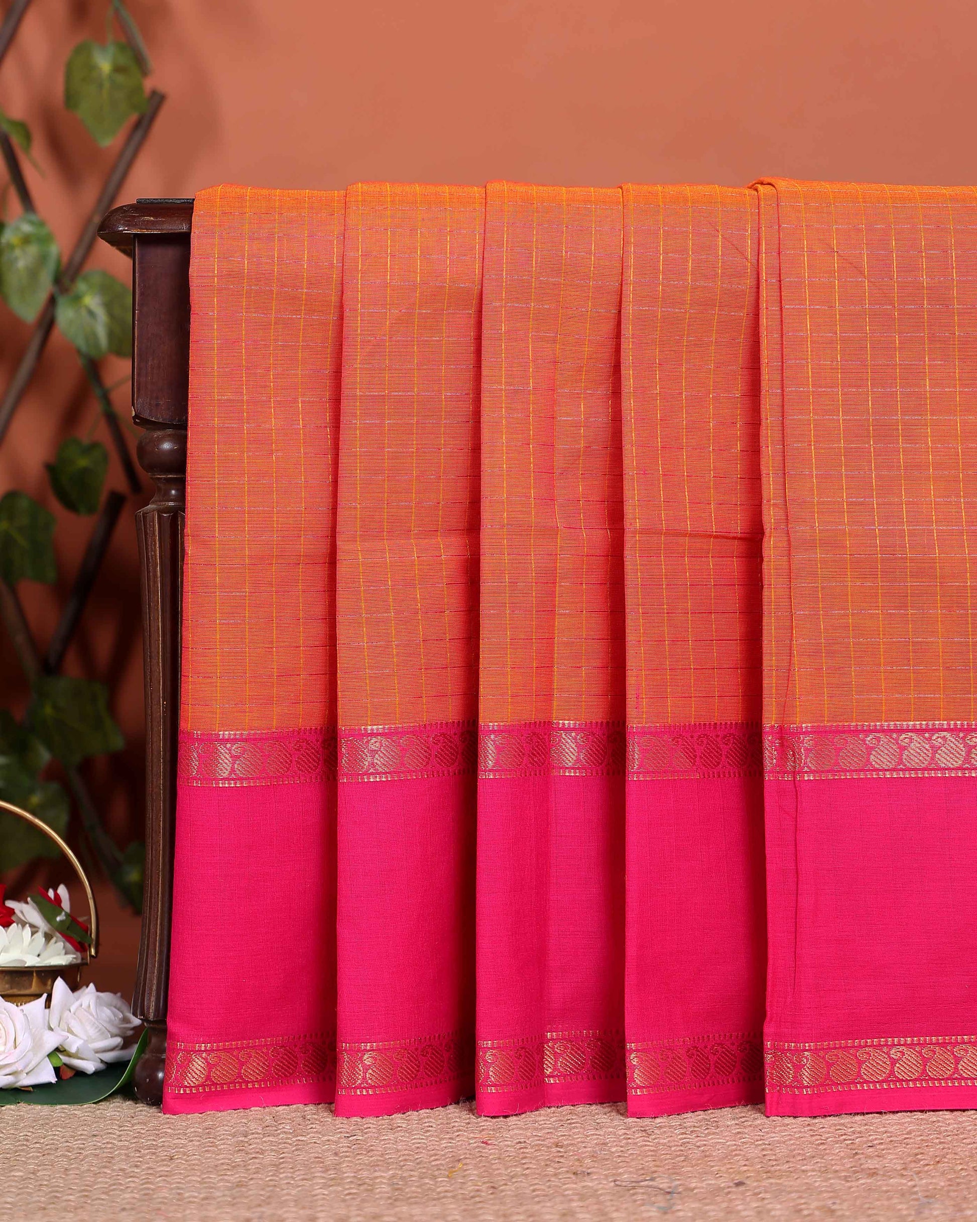 Elegant Chettinad Cotton Saree with Grid Pattern and Contrast Border - Orange