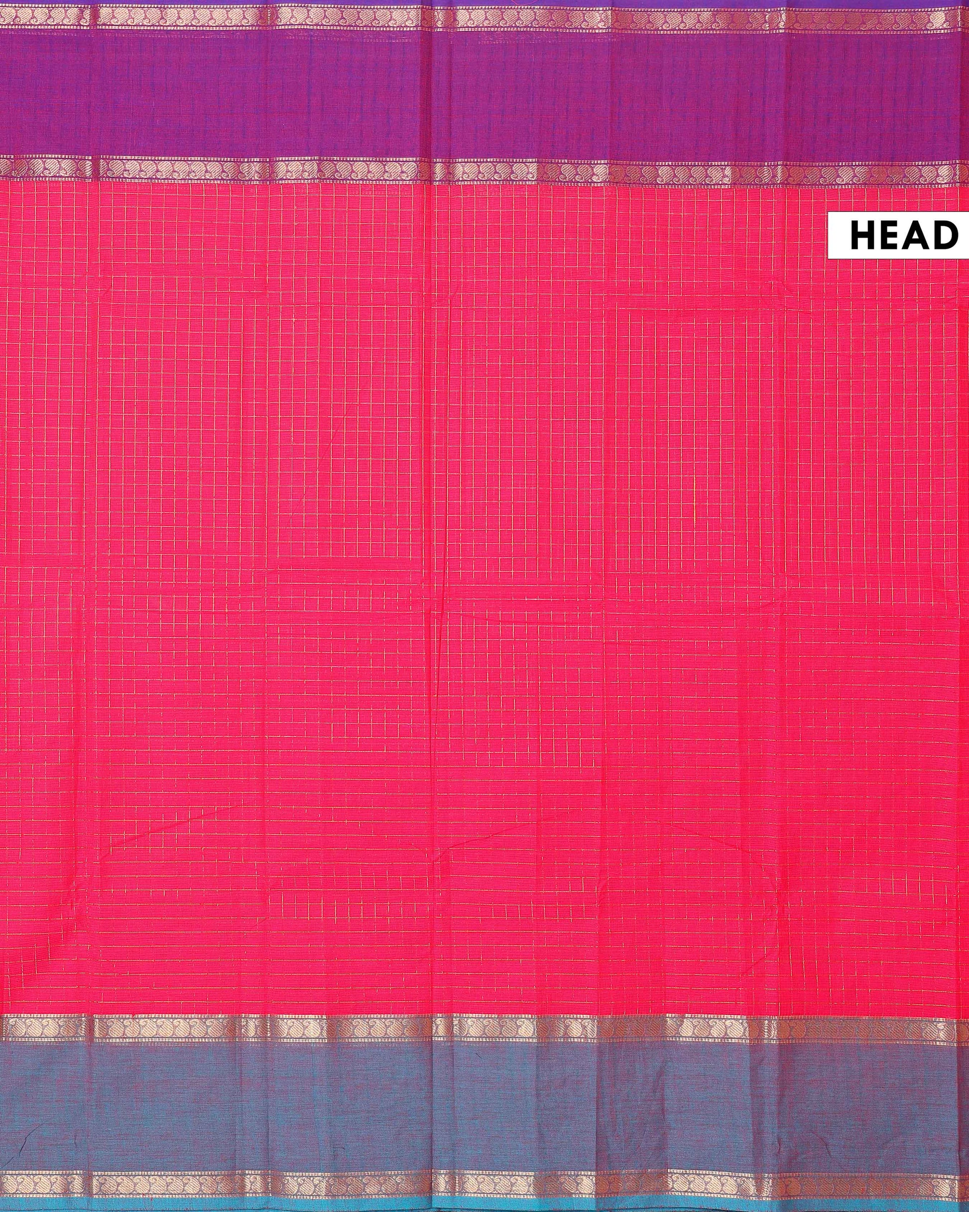 Elegant Chettinad Cotton Saree with Grid Pattern and Contrast Border - Pink-Head