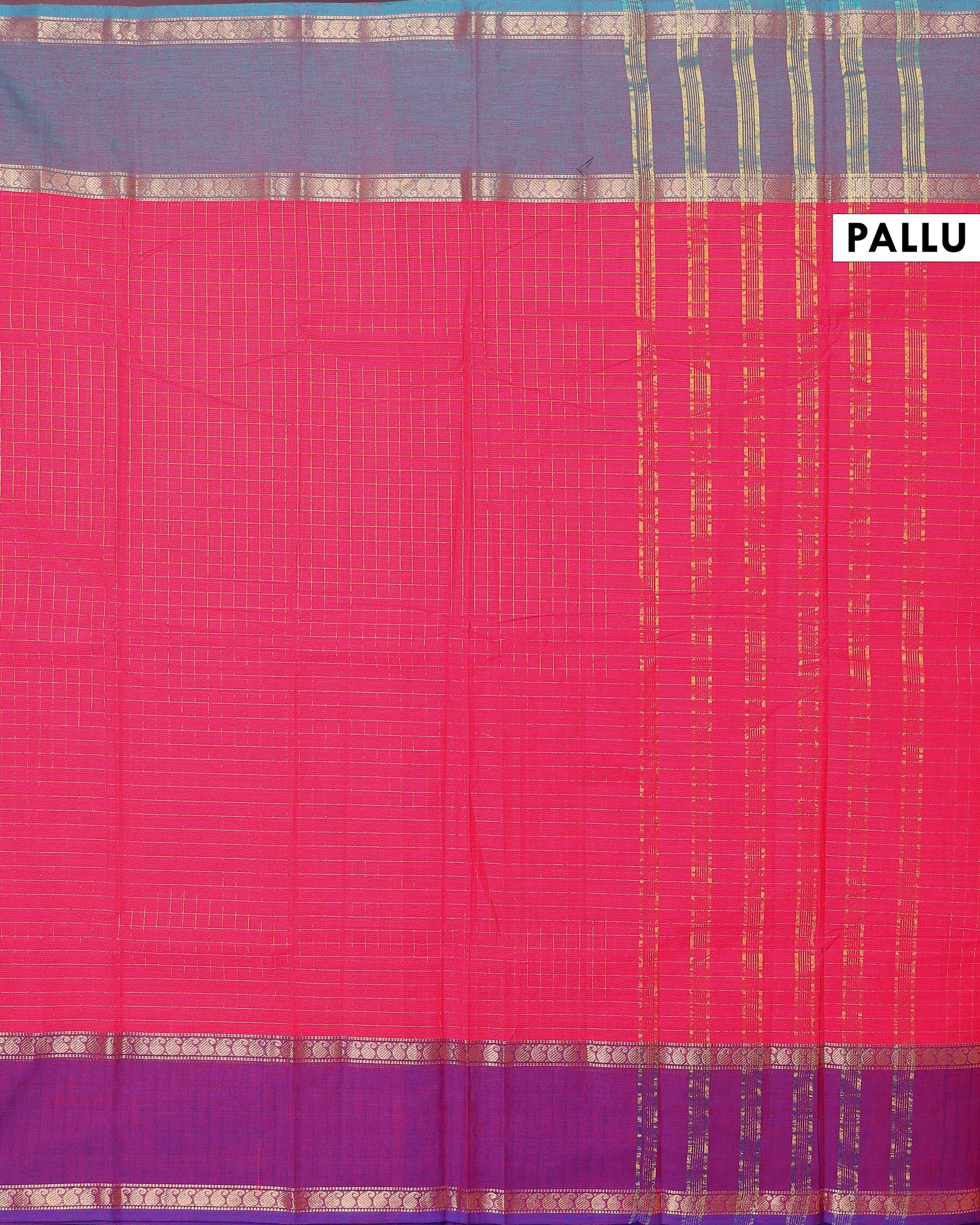 Elegant Chettinad Cotton Saree with Grid Pattern and Contrast Border - Pink-Pallu