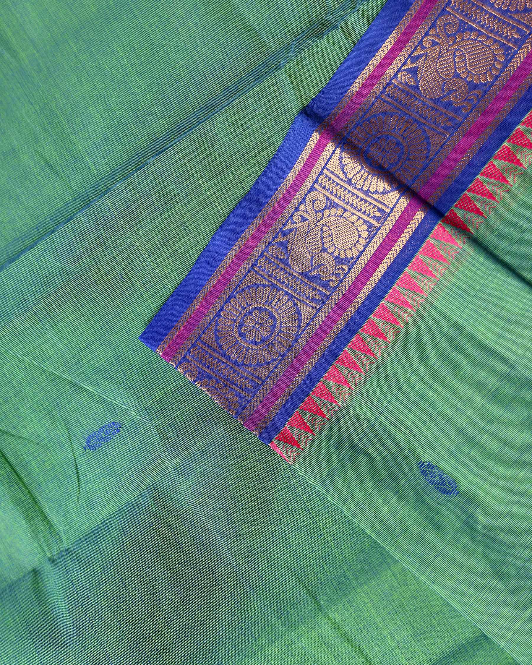 Elegant Chettinad Cotton Saree with Traditional Zari Border and Peacock Motifs - Green