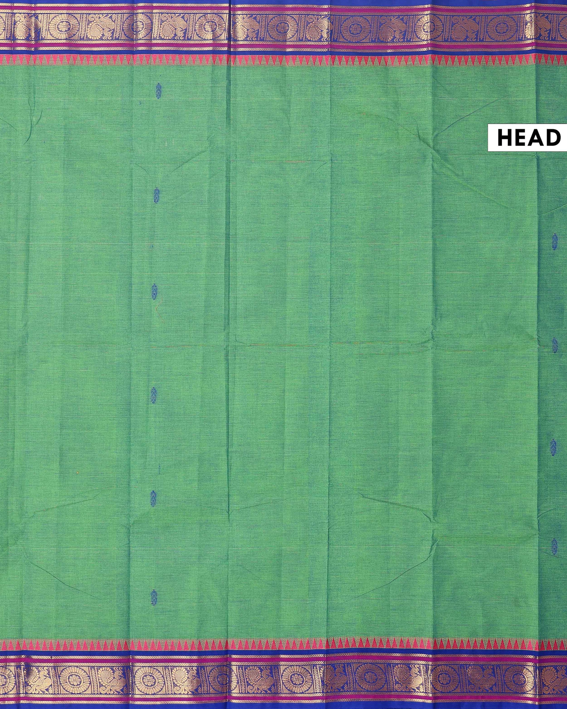 Elegant Chettinad Cotton Saree with Traditional Zari Border and Peacock Motifs - Green