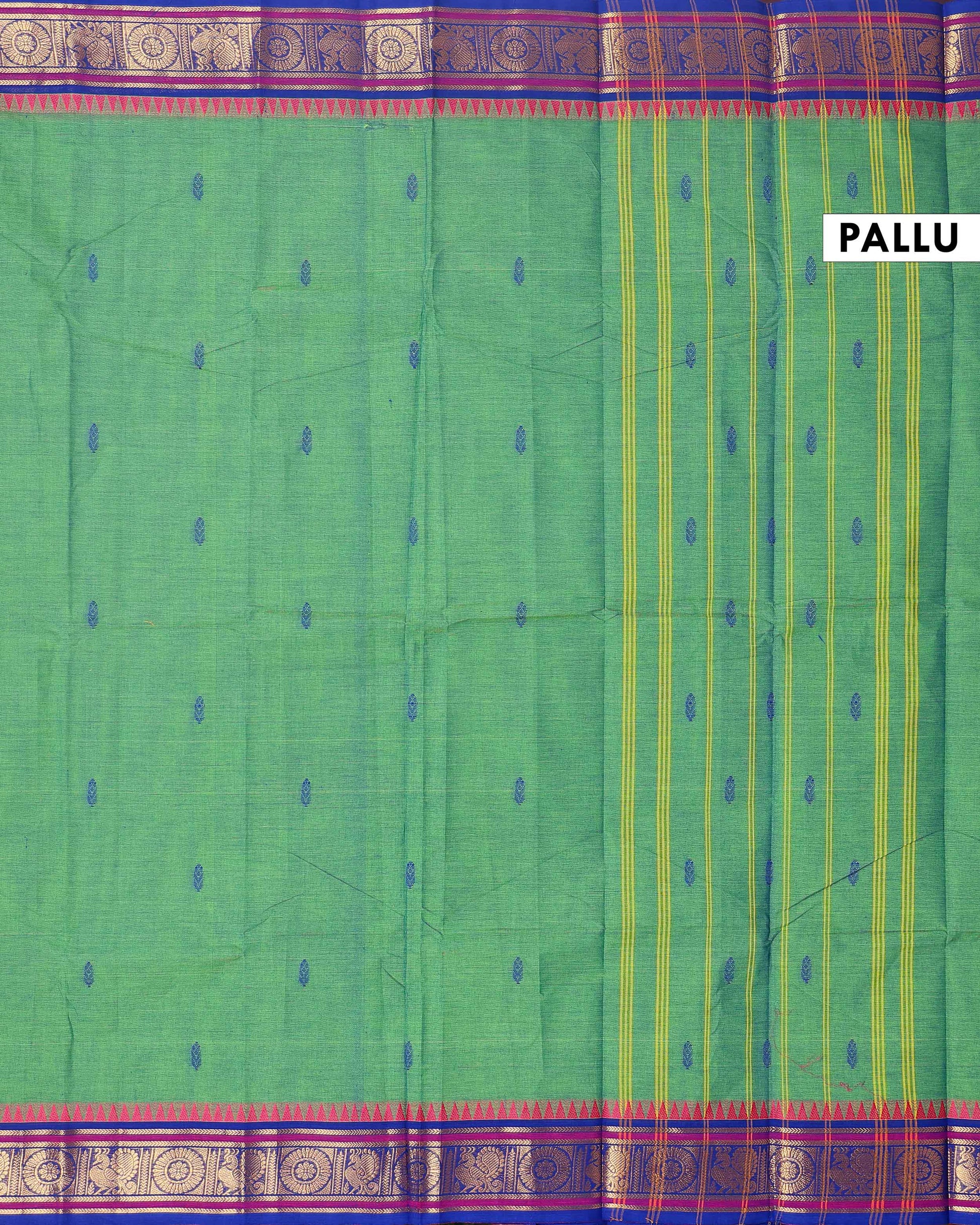 Elegant Chettinad Cotton Saree with Traditional Zari Border and Peacock Motifs - Green