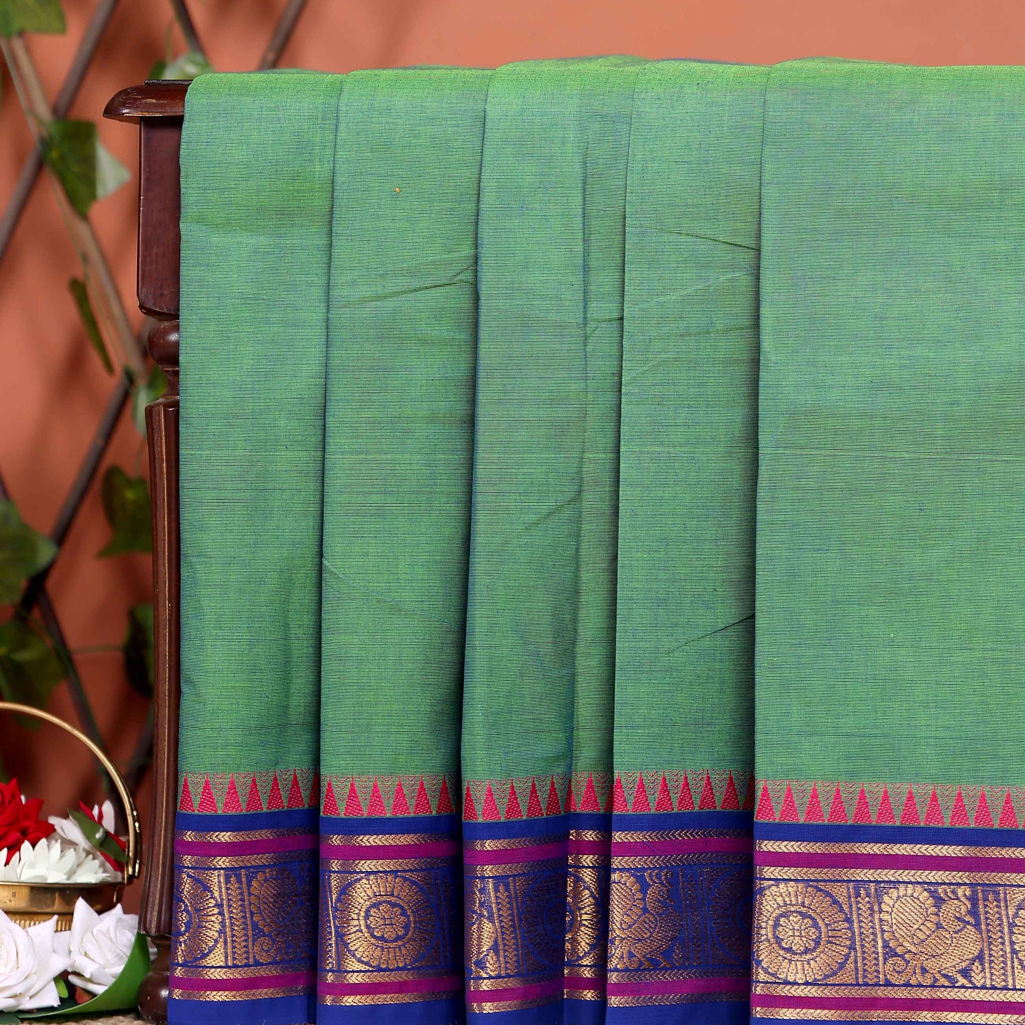 Elegant Chettinad Cotton Saree with Traditional Zari Border and Peacock Motifs - Green