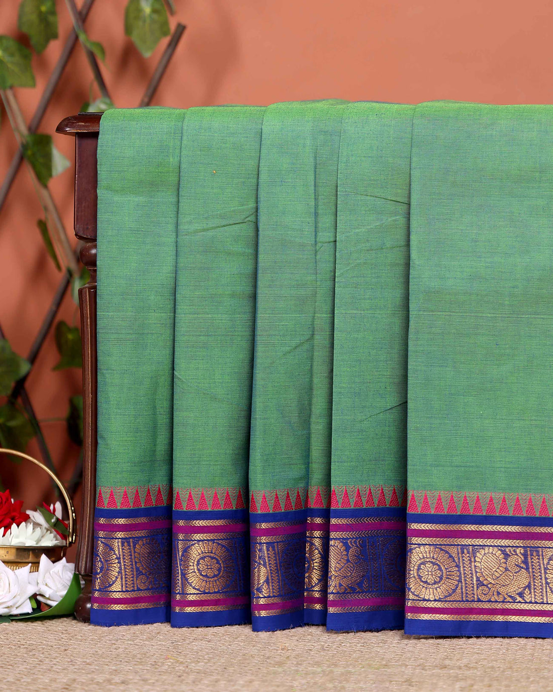 Elegant Chettinad Cotton Saree with Traditional Zari Border and Peacock Motifs - Green