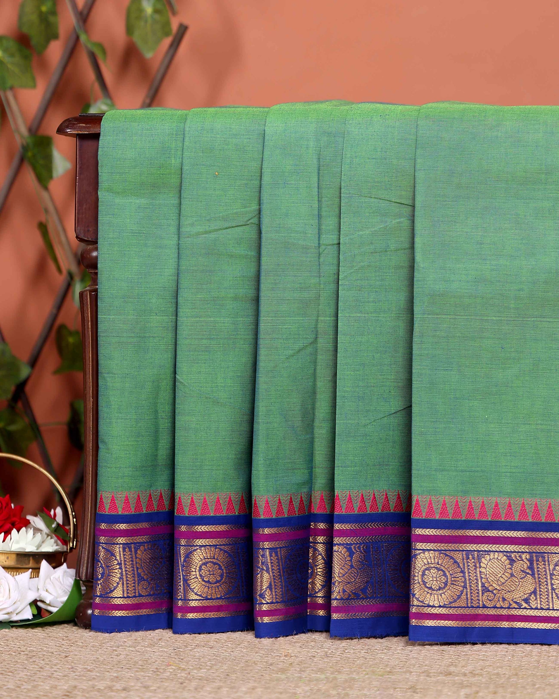 Elegant Chettinad Cotton Saree with Traditional Zari Border and Peacock Motifs - Green
