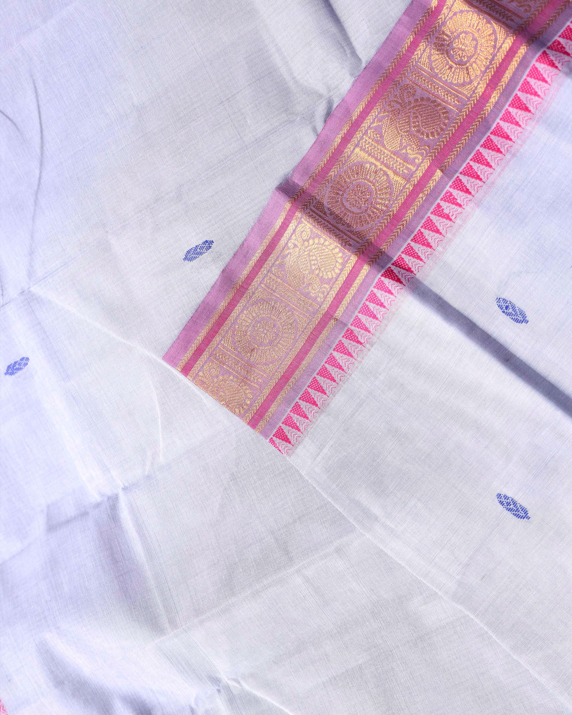 Elegant Chettinad Cotton Saree with Traditional Zari Border and Peacock Motifs - Grey