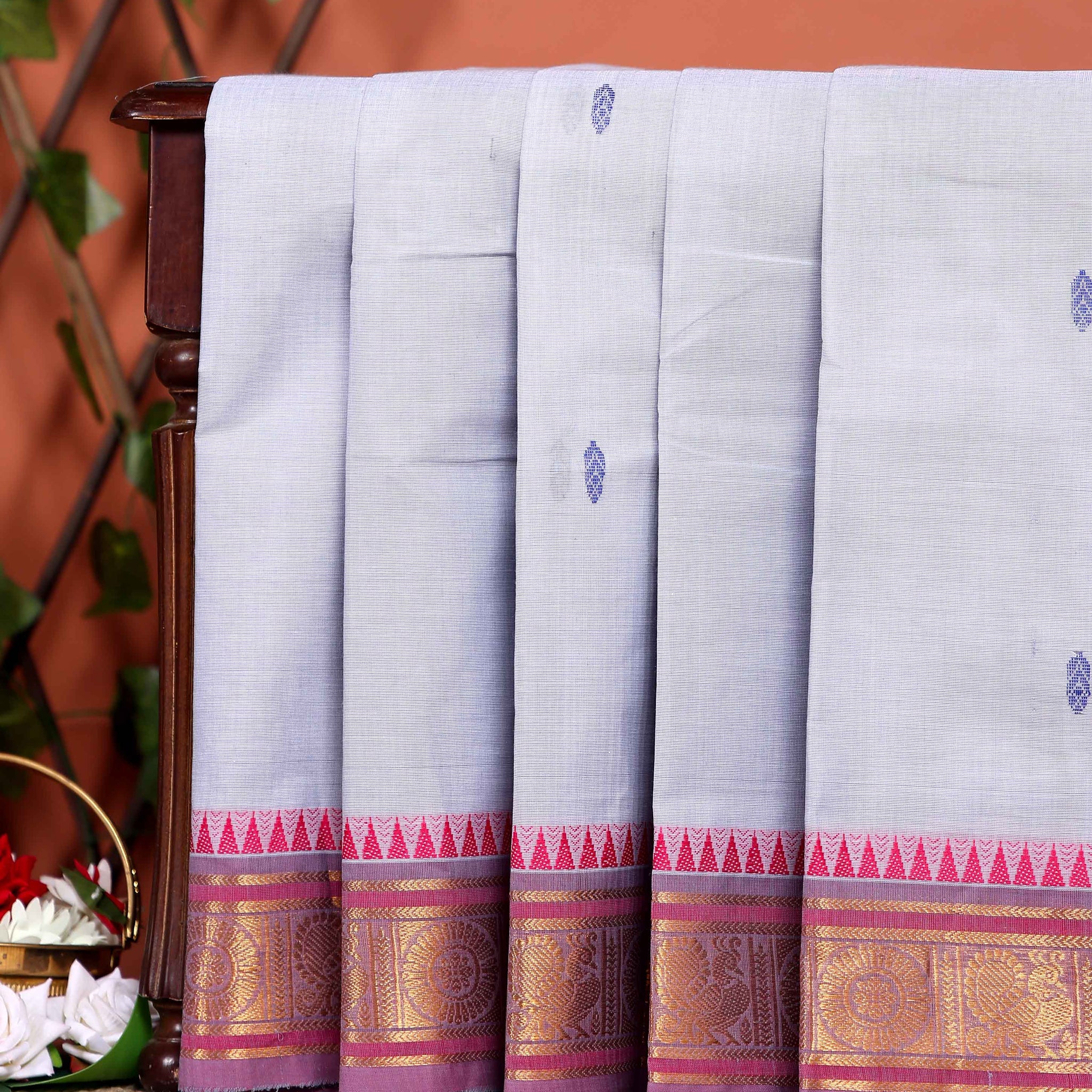 Elegant Chettinad Cotton Saree with Traditional Zari Border and Peacock Motifs - Grey