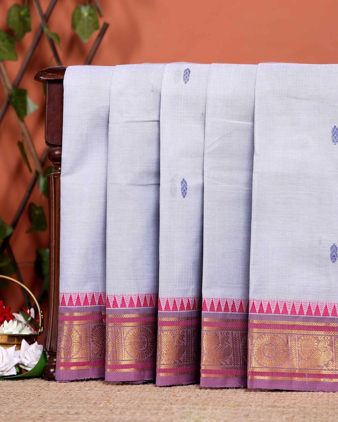 Elegant Chettinad Cotton Saree with Traditional Zari Border and Peacock Motifs - Grey