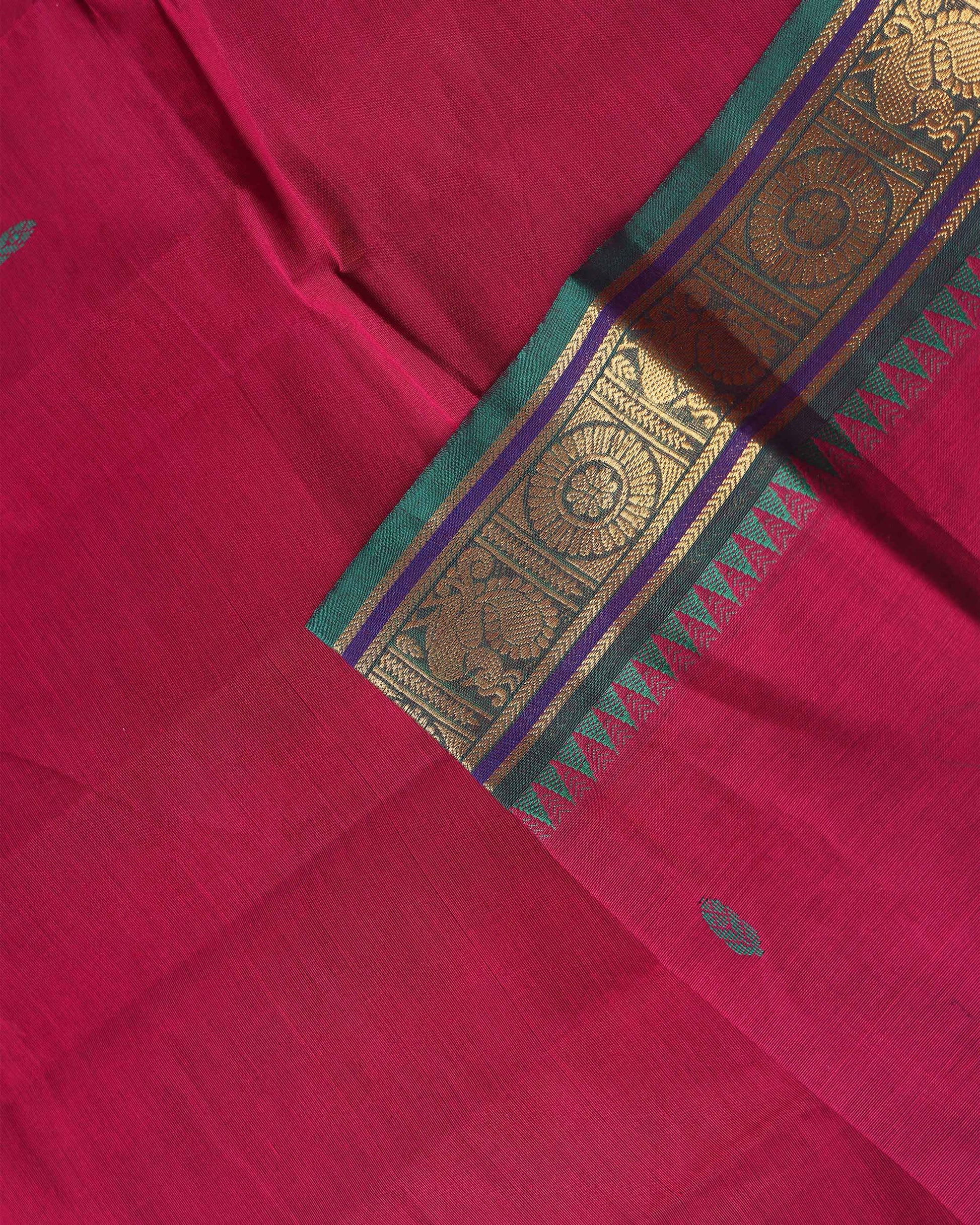 Elegant Chettinad Cotton Saree with Traditional Zari Border and Peacock Motifs - Maroon