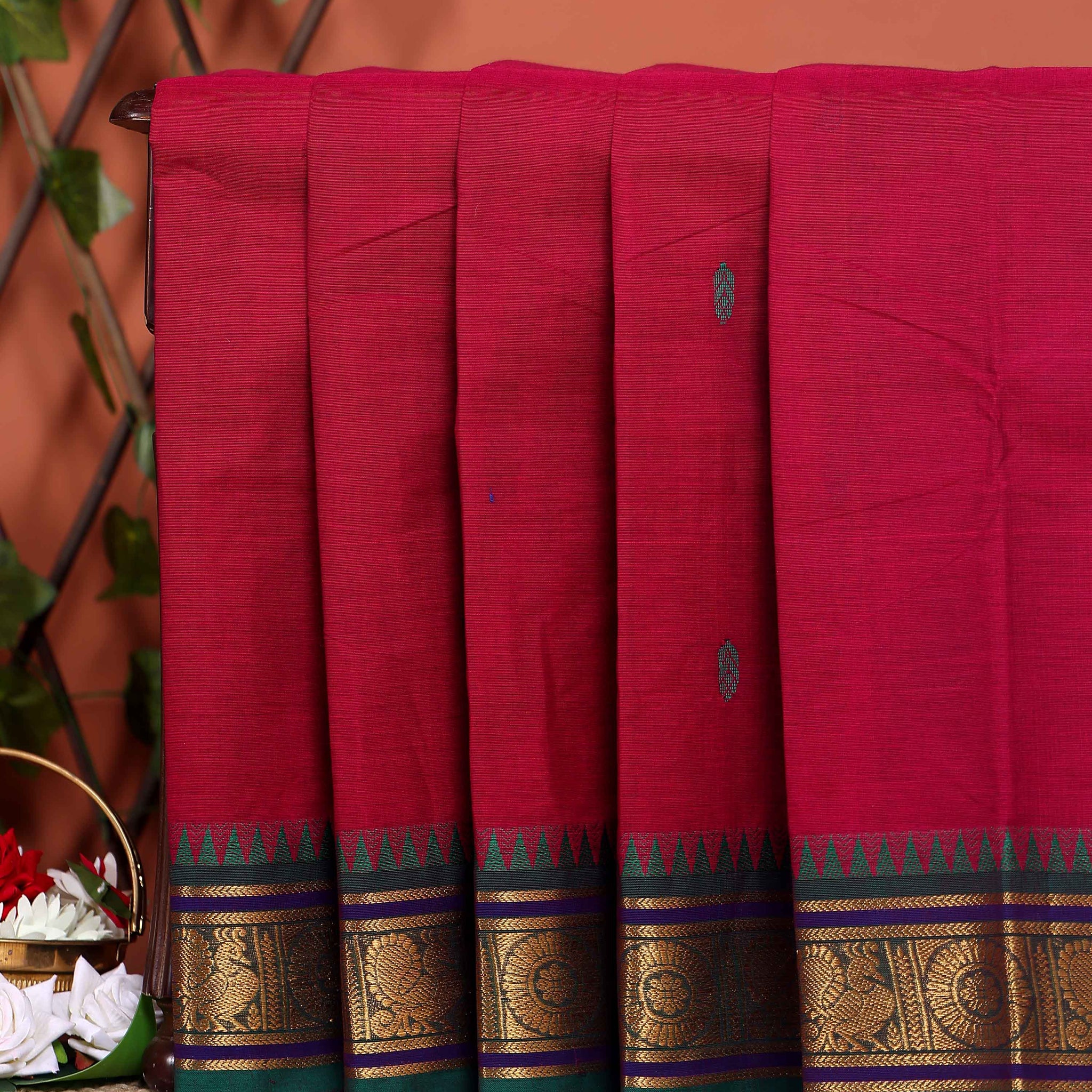 Elegant Chettinad Cotton Saree with Traditional Zari Border and Peacock Motifs - Maroon