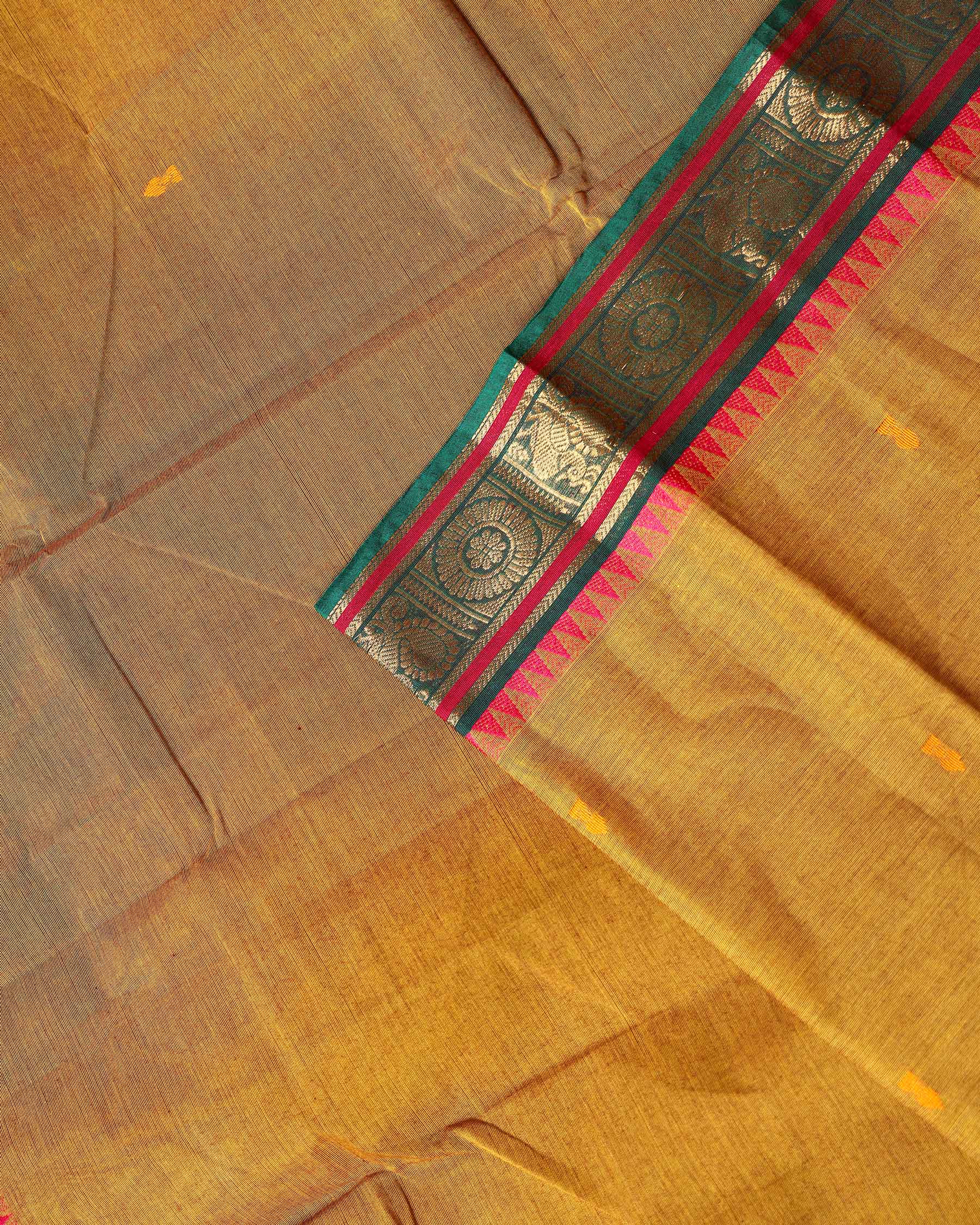 Elegant Chettinad Cotton Saree with Traditional Zari Border and Peacock Motifs - Olive Green