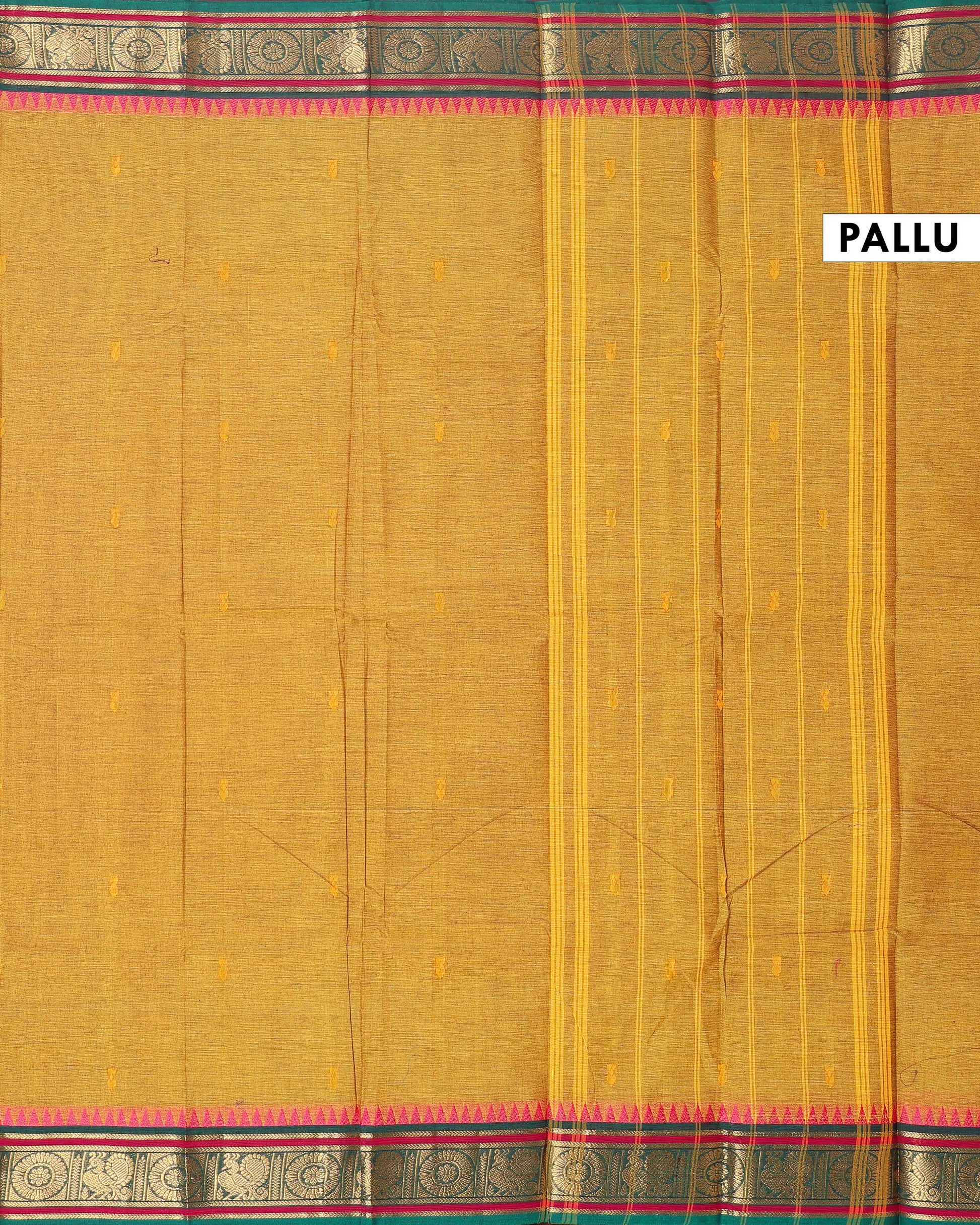 Elegant Chettinad Cotton Saree with Traditional Zari Border and Peacock Motifs - Olive Green