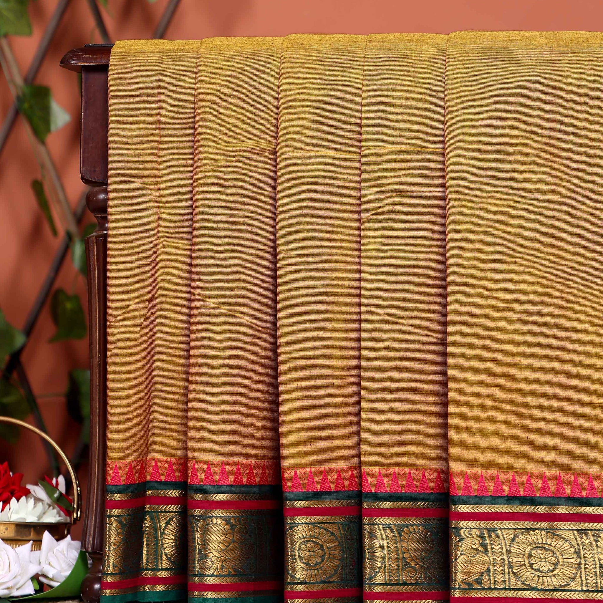 Elegant Chettinad Cotton Saree with Traditional Zari Border and Peacock Motifs - Olive Green