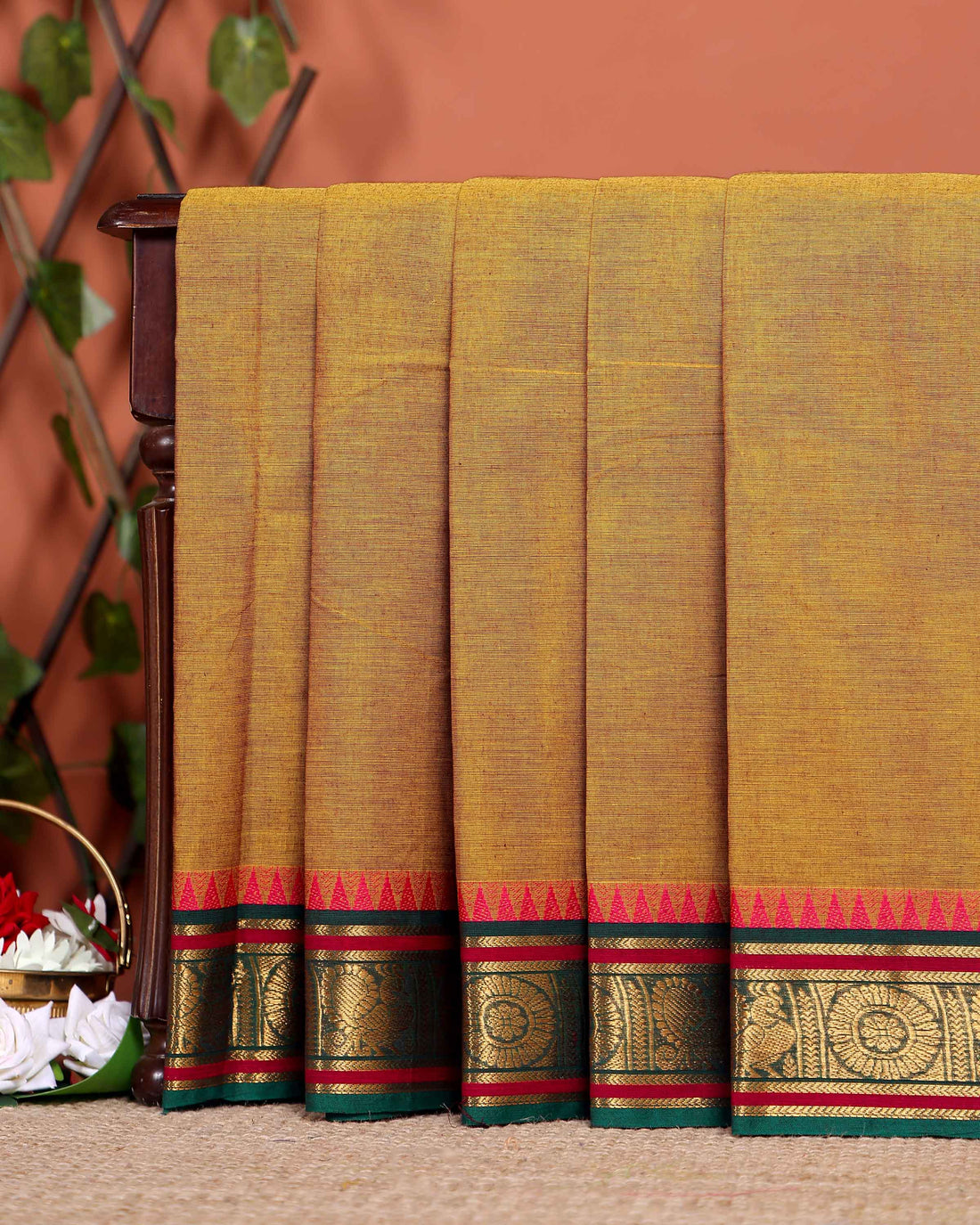 Elegant Chettinad Cotton Saree with Traditional Zari Border and Peacock Motifs - Olive Green