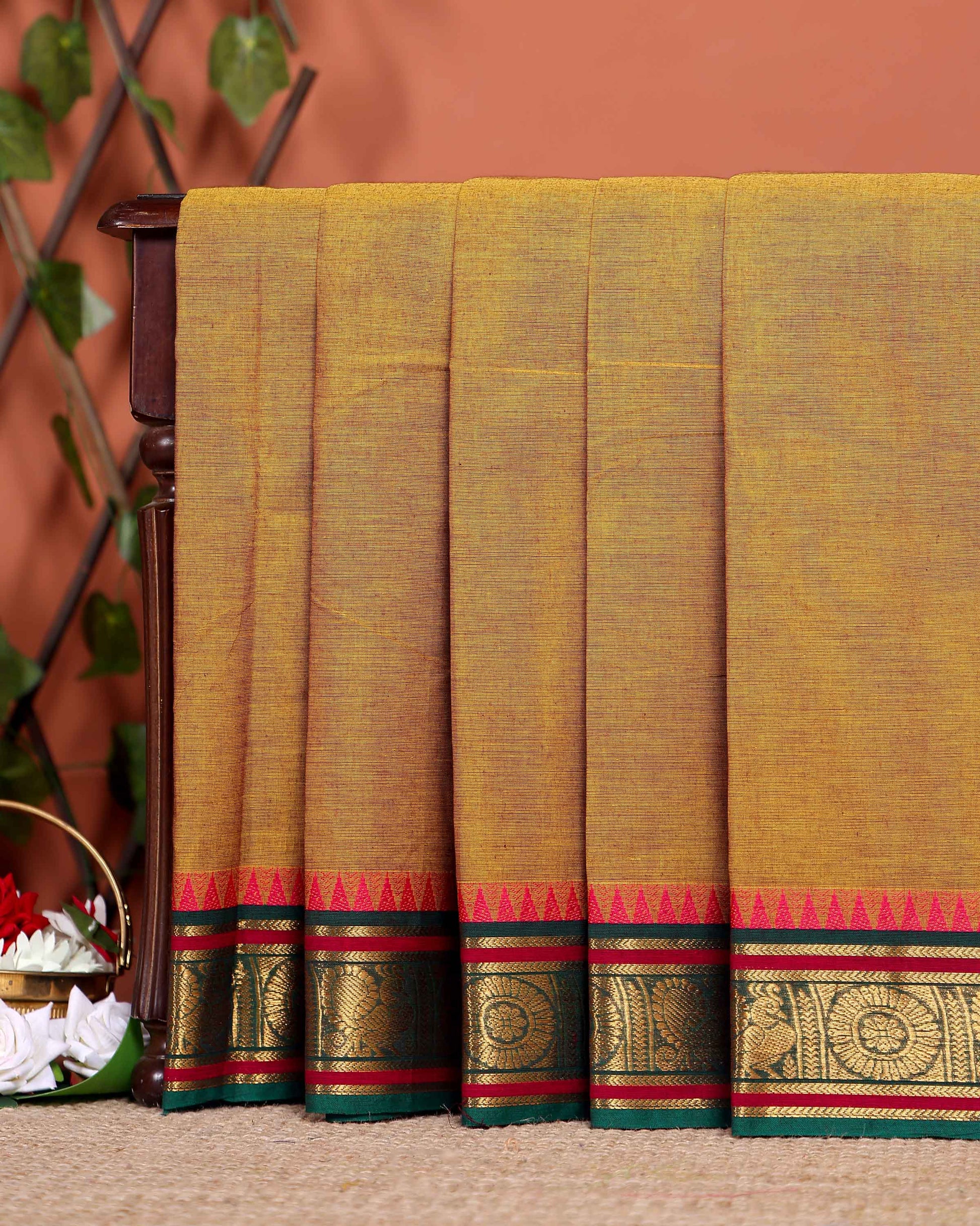 Elegant Chettinad Cotton Saree with Traditional Zari Border and Peacock Motifs - Olive Green
