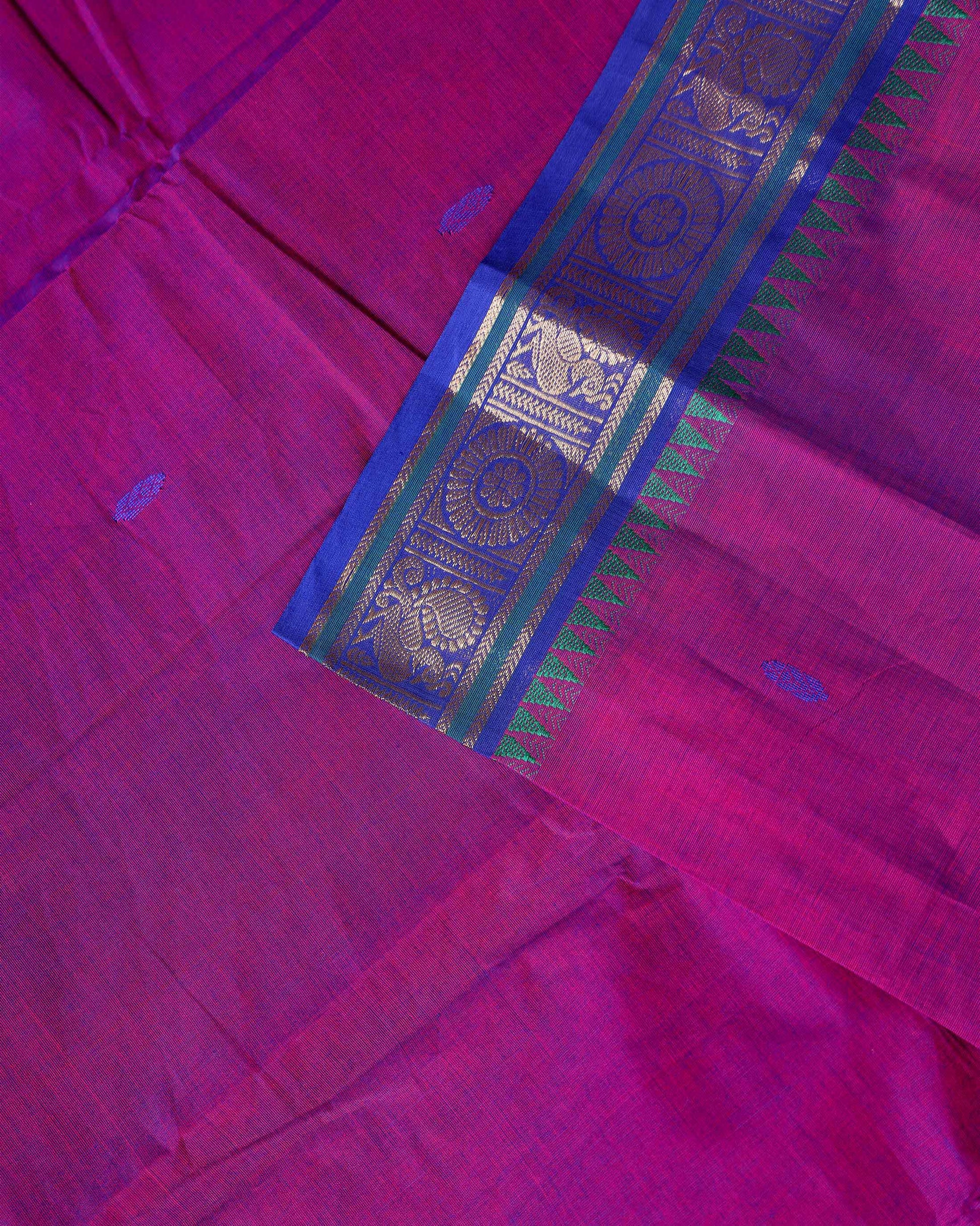 Elegant Chettinad Cotton Saree with Traditional Zari Border and Peacock Motifs - Purple