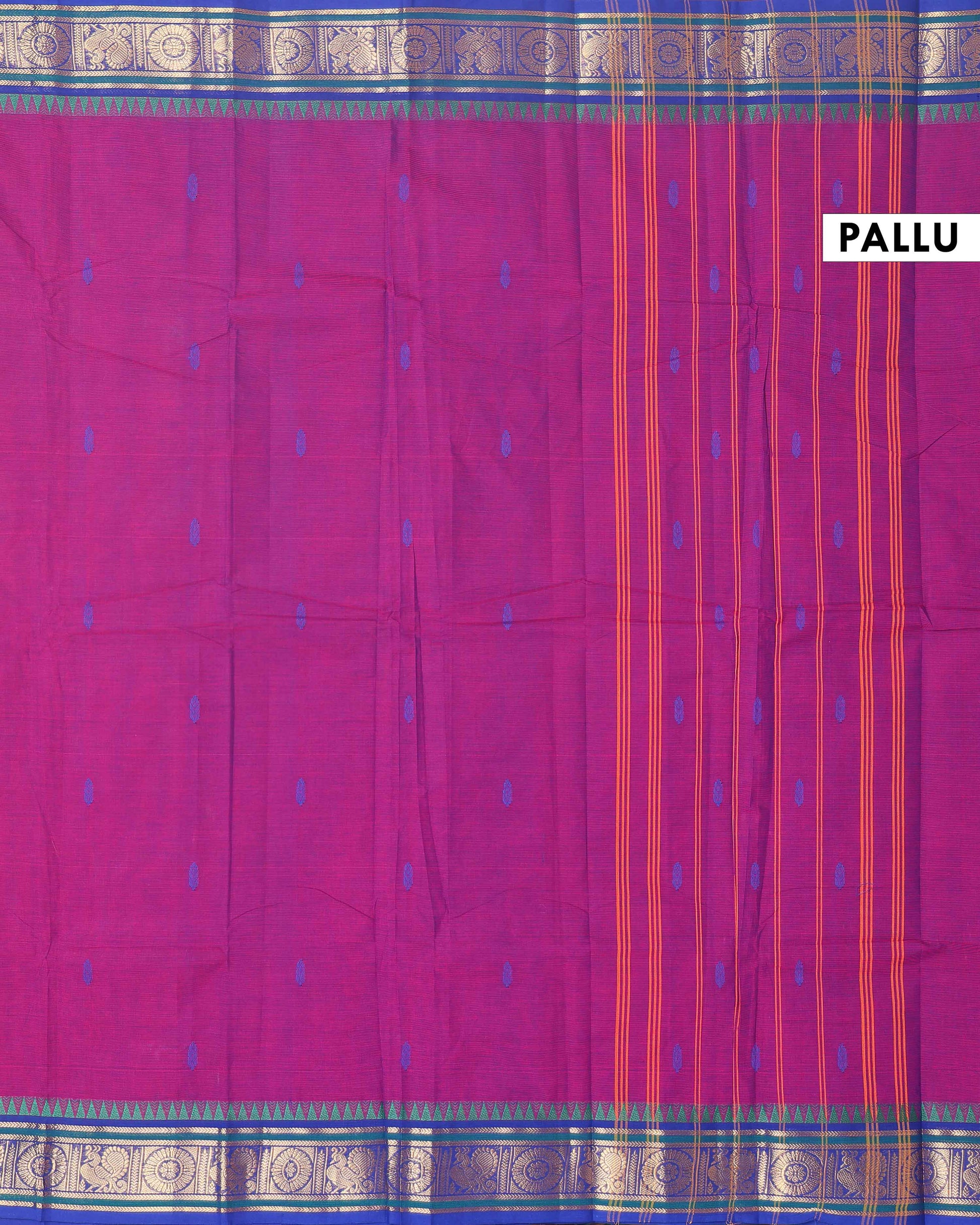 Elegant Chettinad Cotton Saree with Traditional Zari Border and Peacock Motifs - Purple