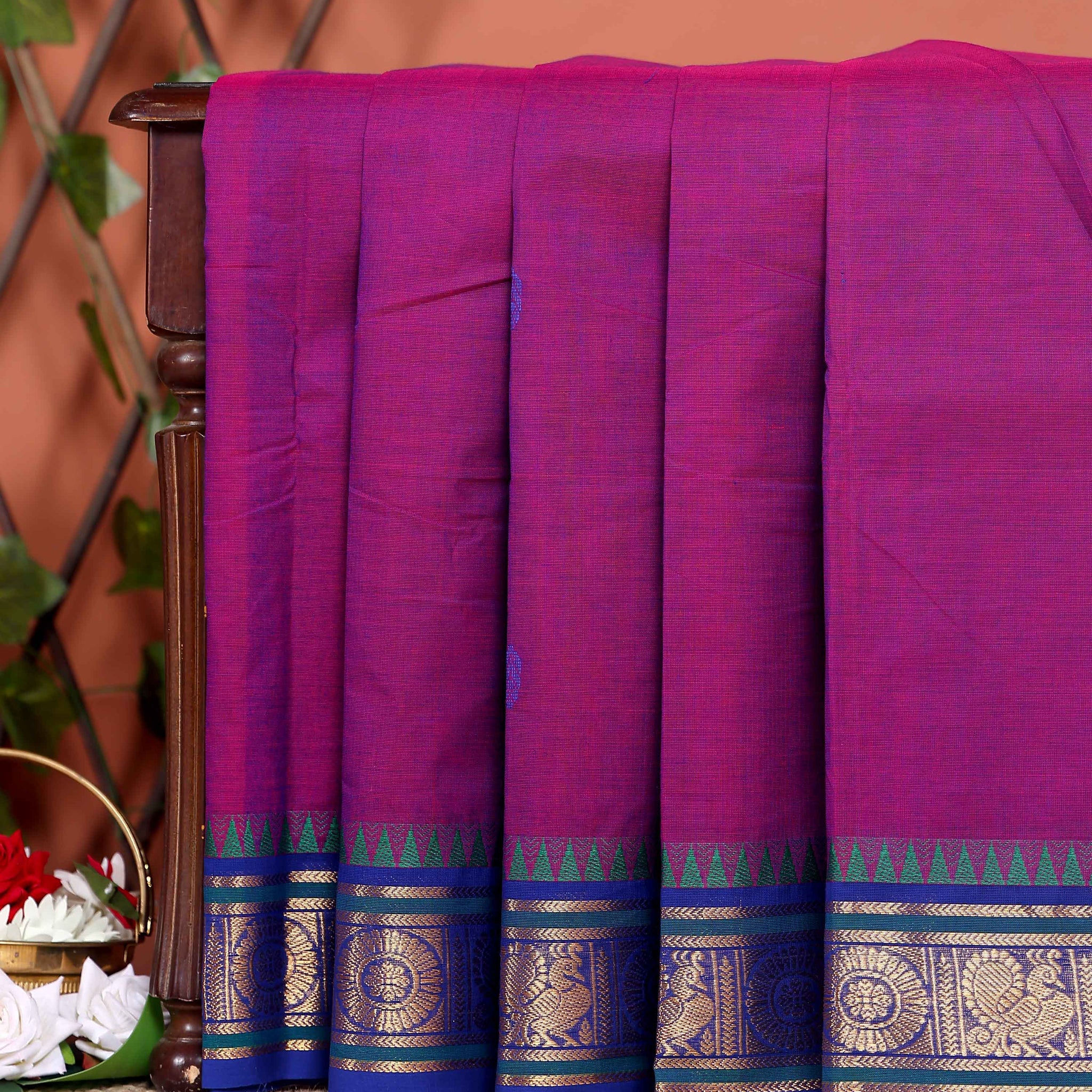 Elegant Chettinad Cotton Saree with Traditional Zari Border and Peacock Motifs - Purple