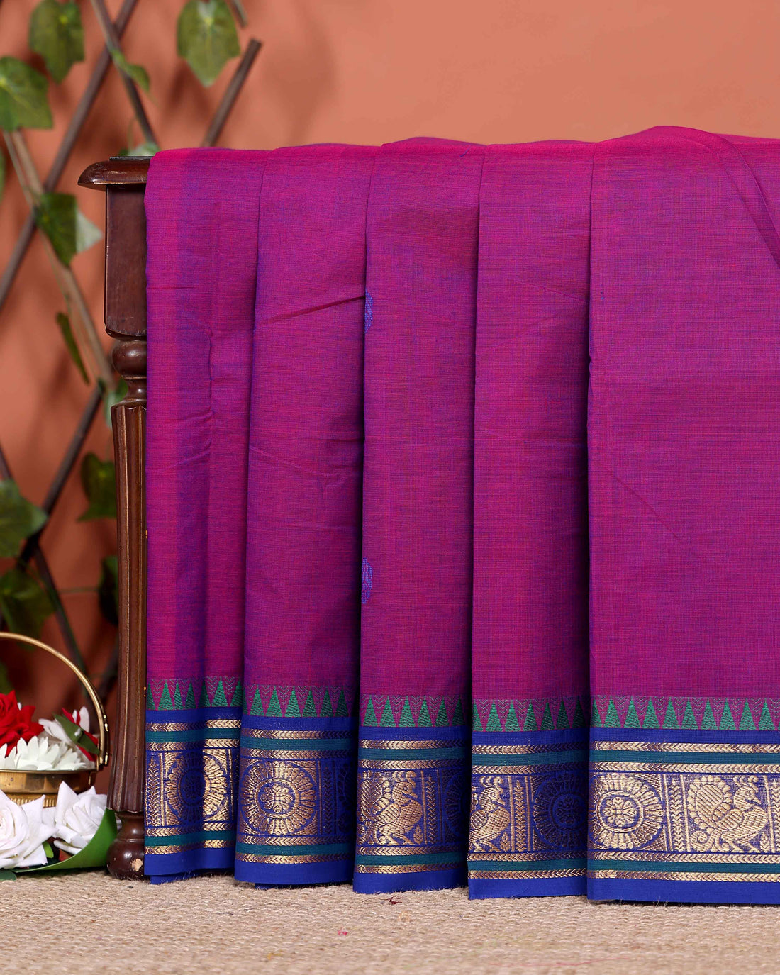 Elegant Chettinad Cotton Saree with Traditional Zari Border and Peacock Motifs - Purple