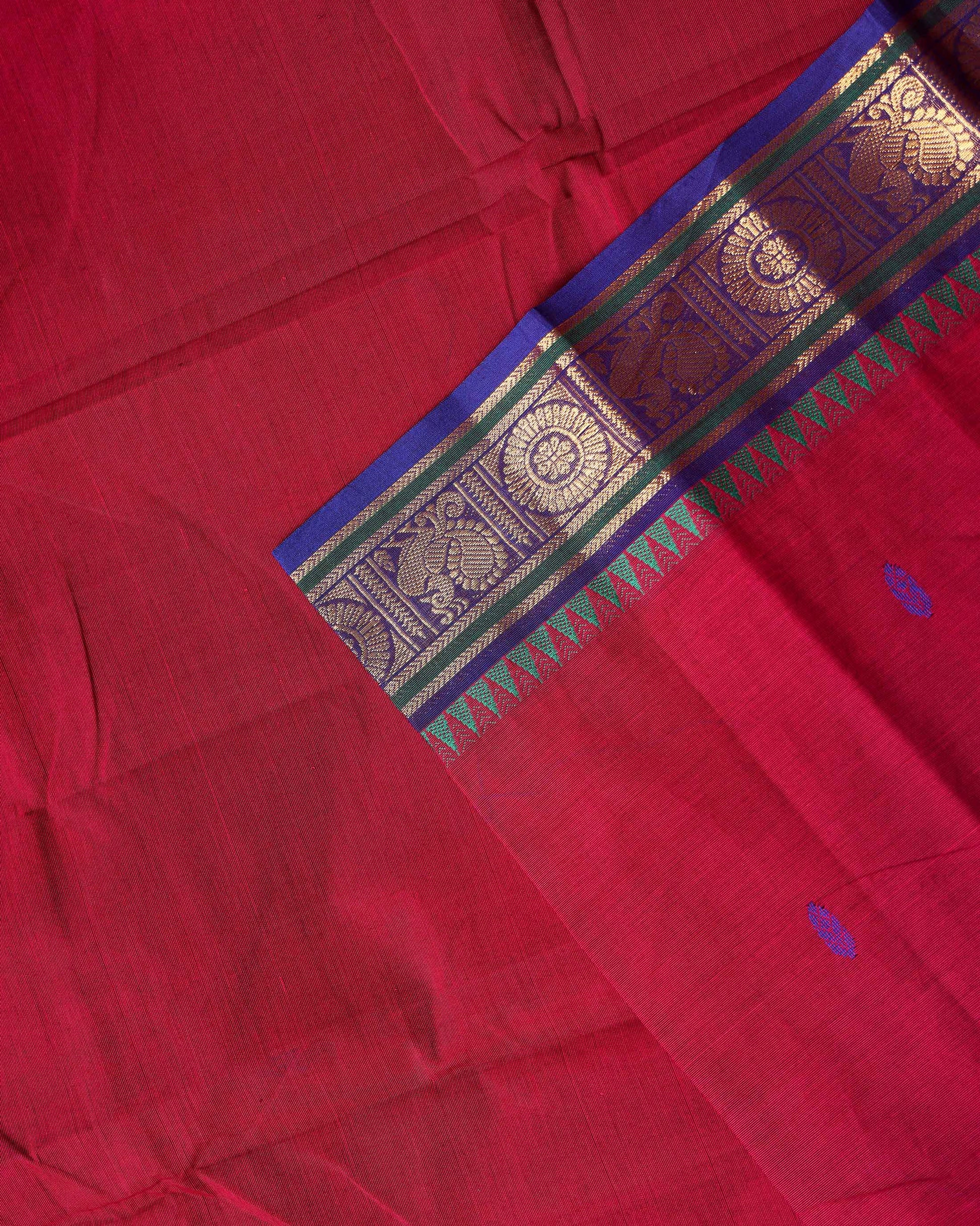 Elegant Chettinad Cotton Saree with Traditional Zari Border and Peacock Motifs - Red