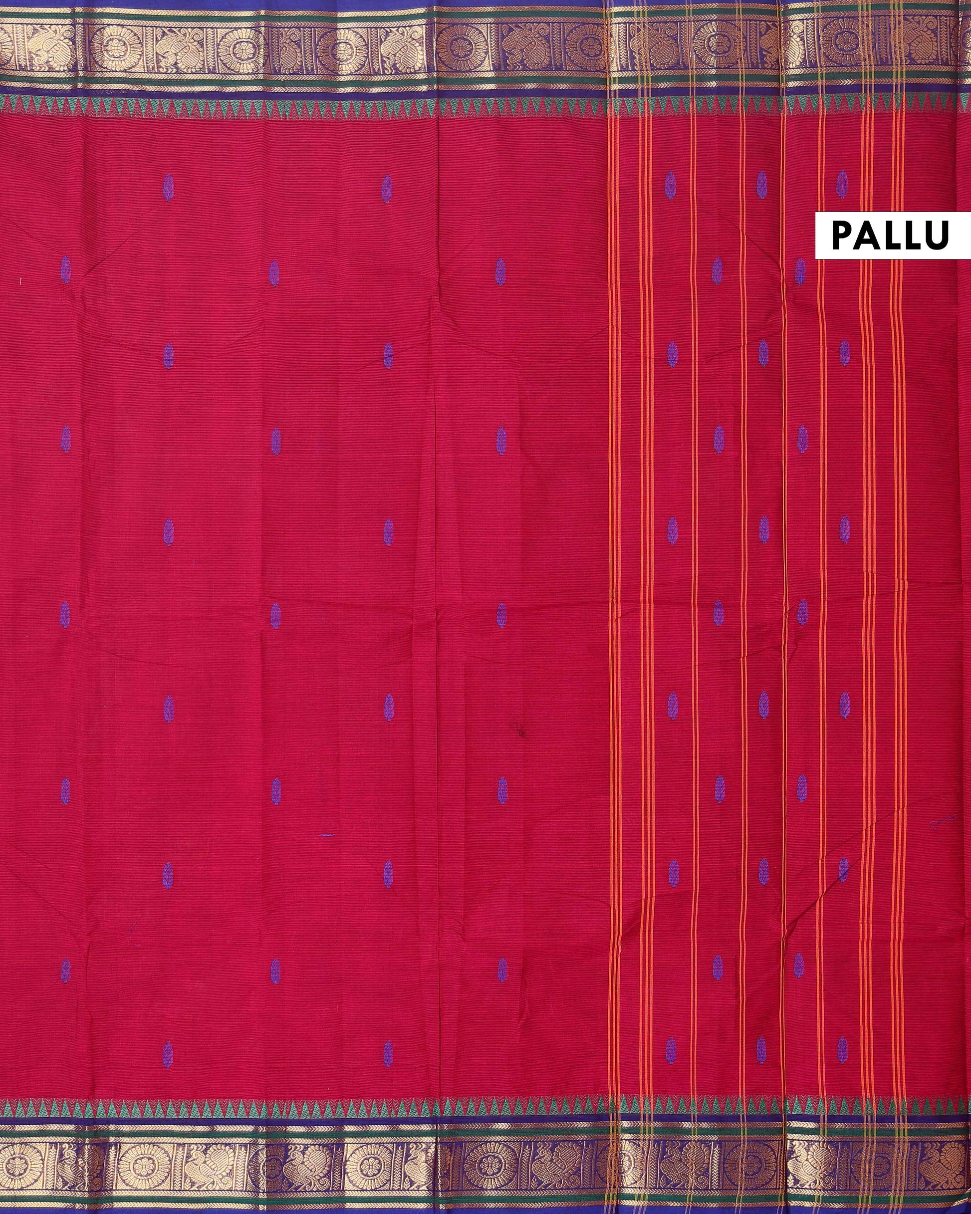 Elegant Chettinad Cotton Saree with Traditional Zari Border and Peacock Motifs - Red