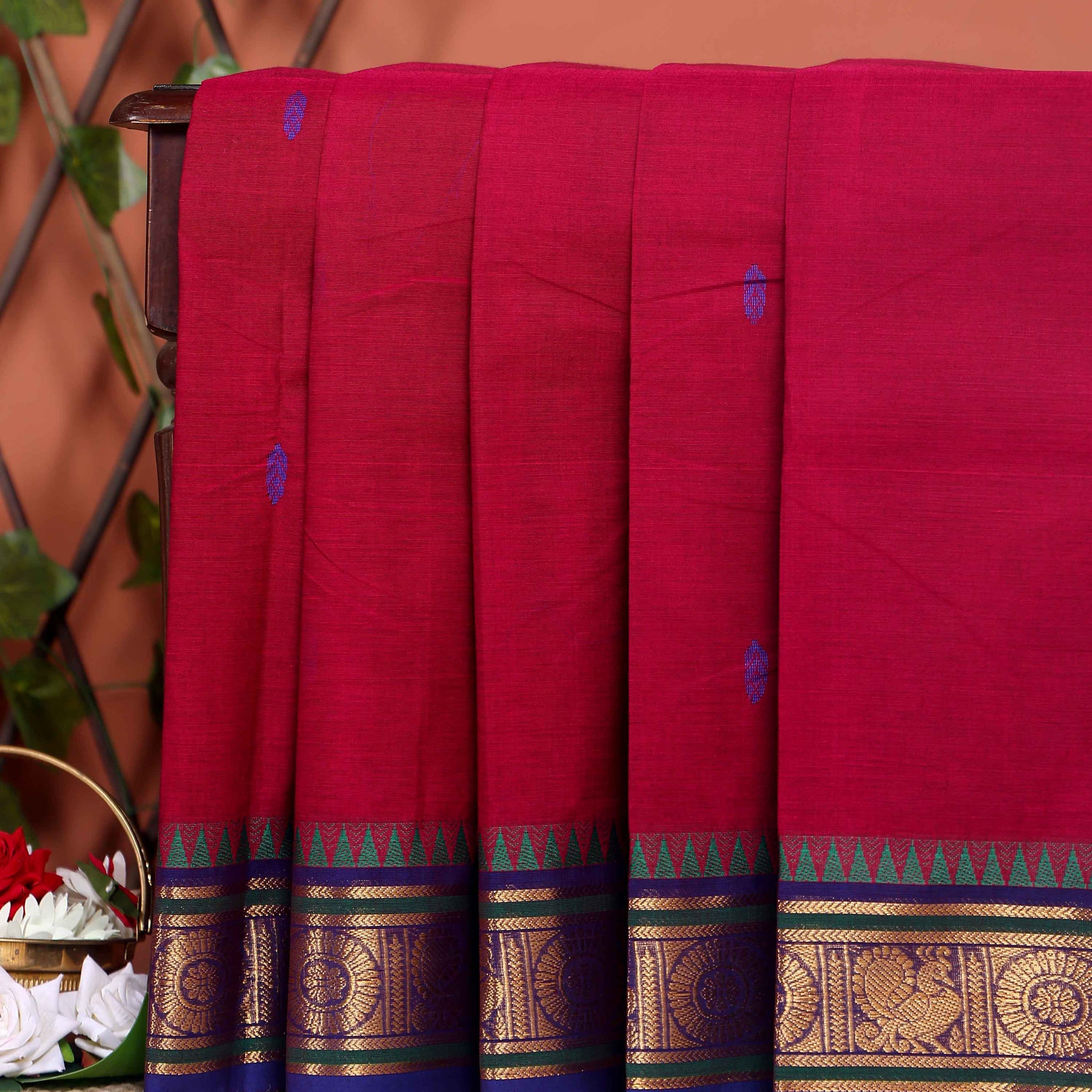 Elegant Chettinad Cotton Saree with Traditional Zari Border and Peacock Motifs - Red