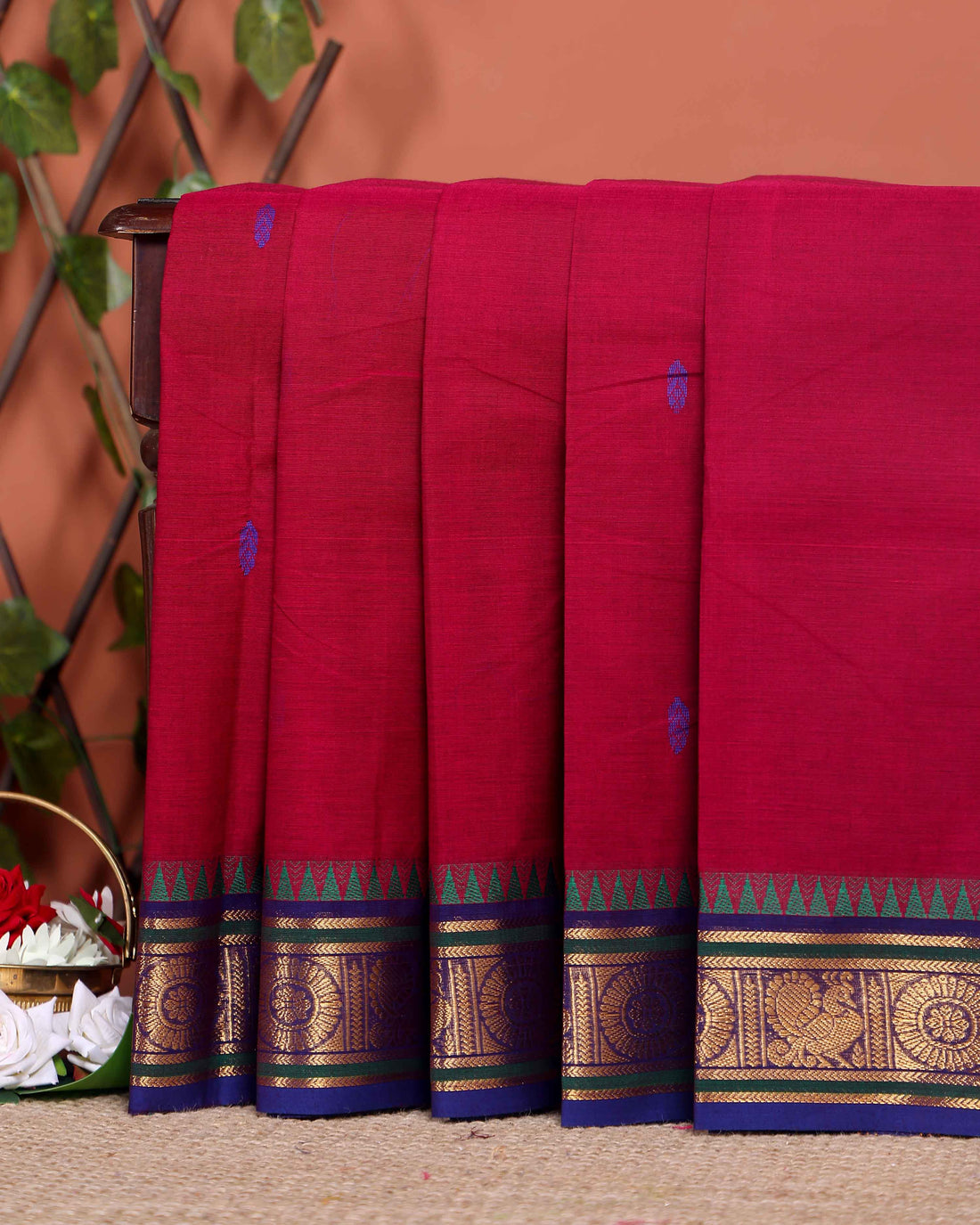 Elegant Chettinad Cotton Saree with Traditional Zari Border and Peacock Motifs - Red