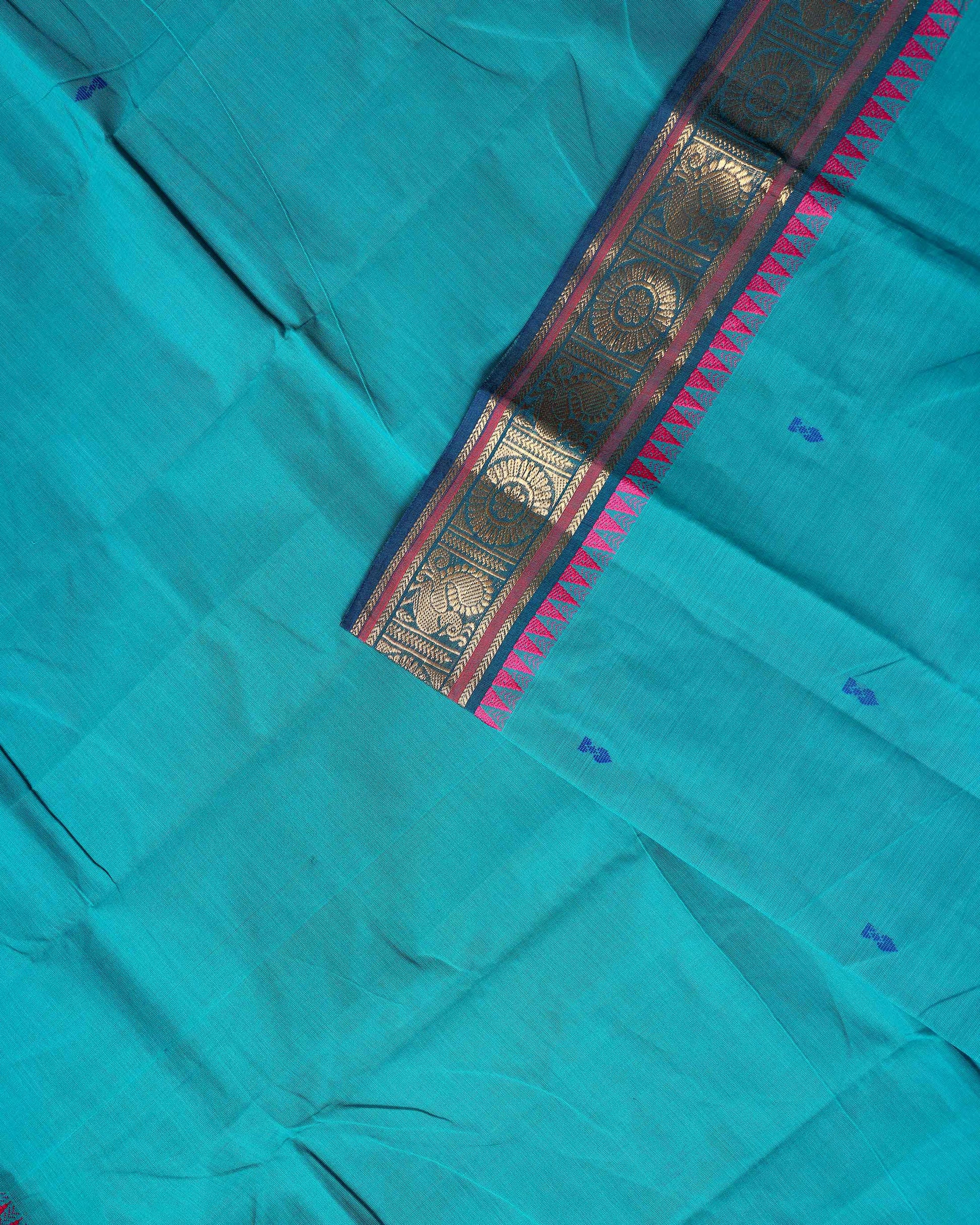 Elegant Chettinad Cotton Saree with Traditional Zari Border and Peacock Motifs - Teal