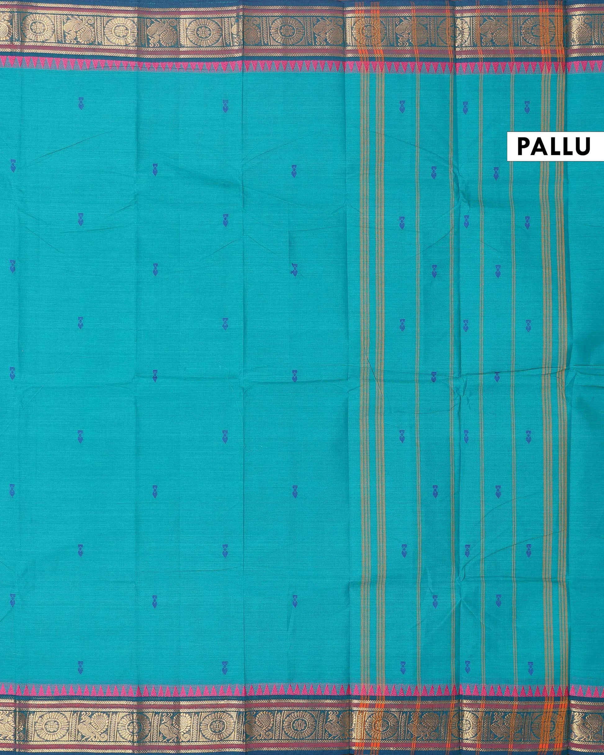 Elegant Chettinad Cotton Saree with Traditional Zari Border and Peacock Motifs - Teal