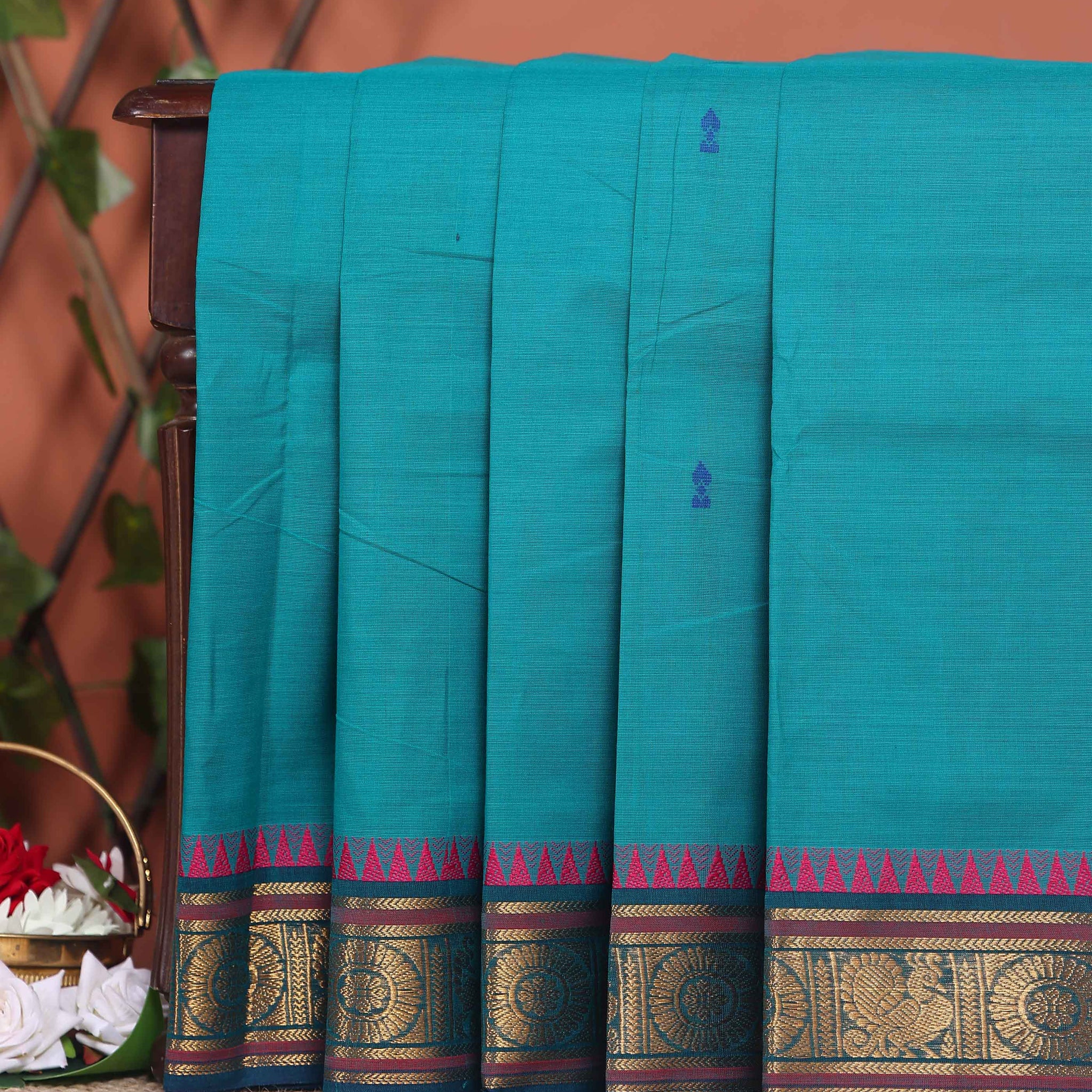 Elegant Chettinad Cotton Saree with Traditional Zari Border and Peacock Motifs - Teal