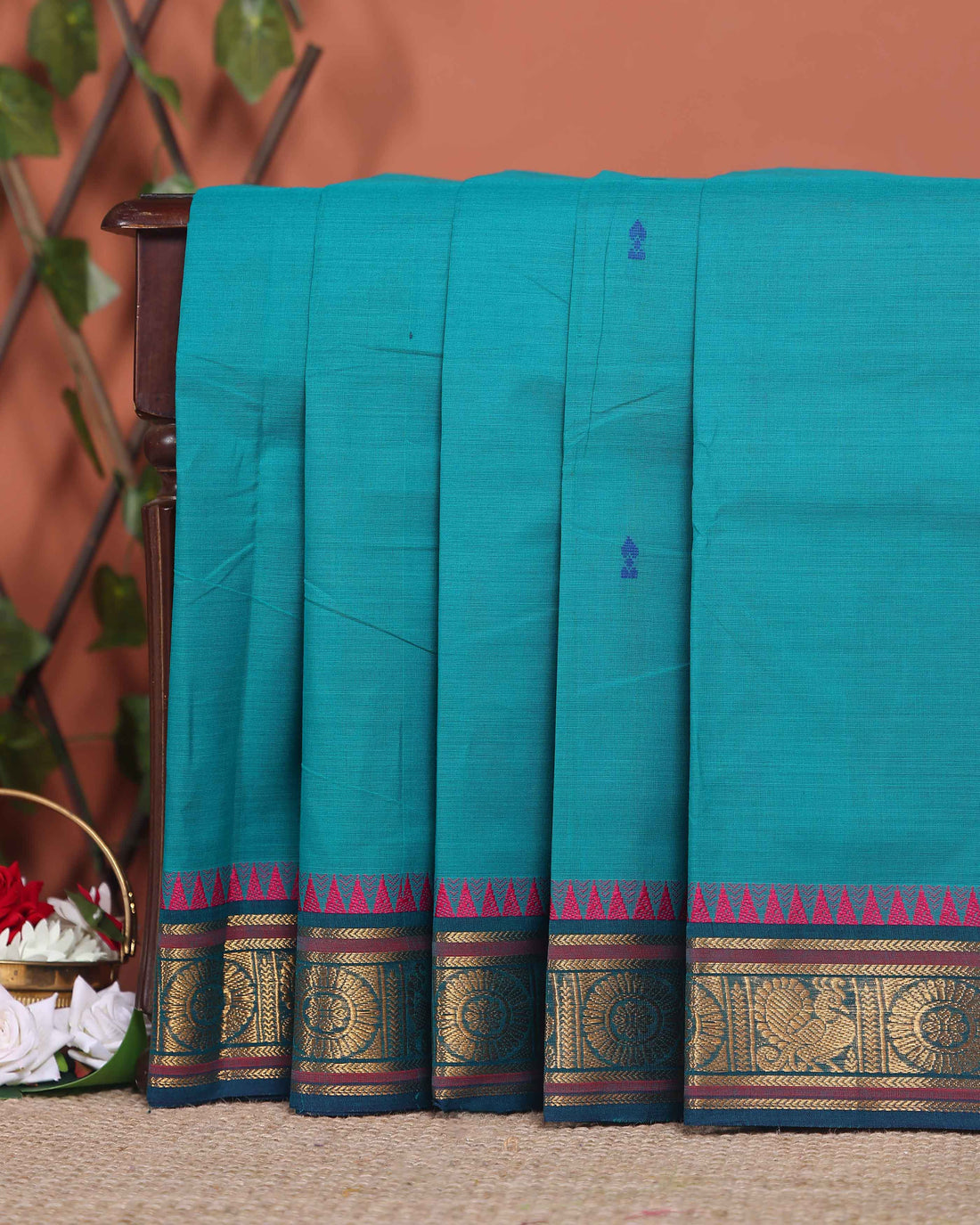 Elegant Chettinad Cotton Saree with Traditional Zari Border and Peacock Motifs - Teal