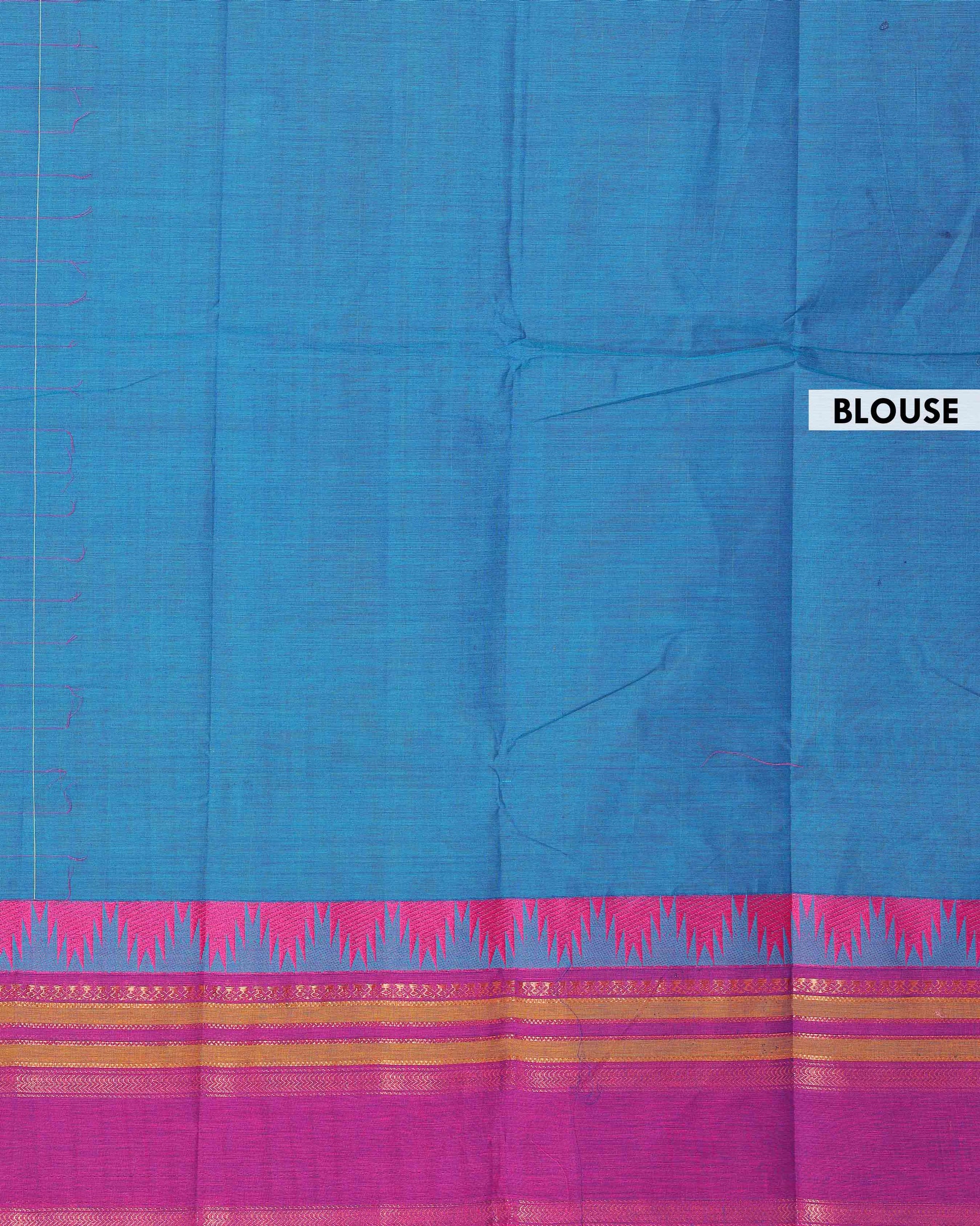 Elegant Chettinad Handloom Cotton Saree with Striped Body and Temple Border - Blue