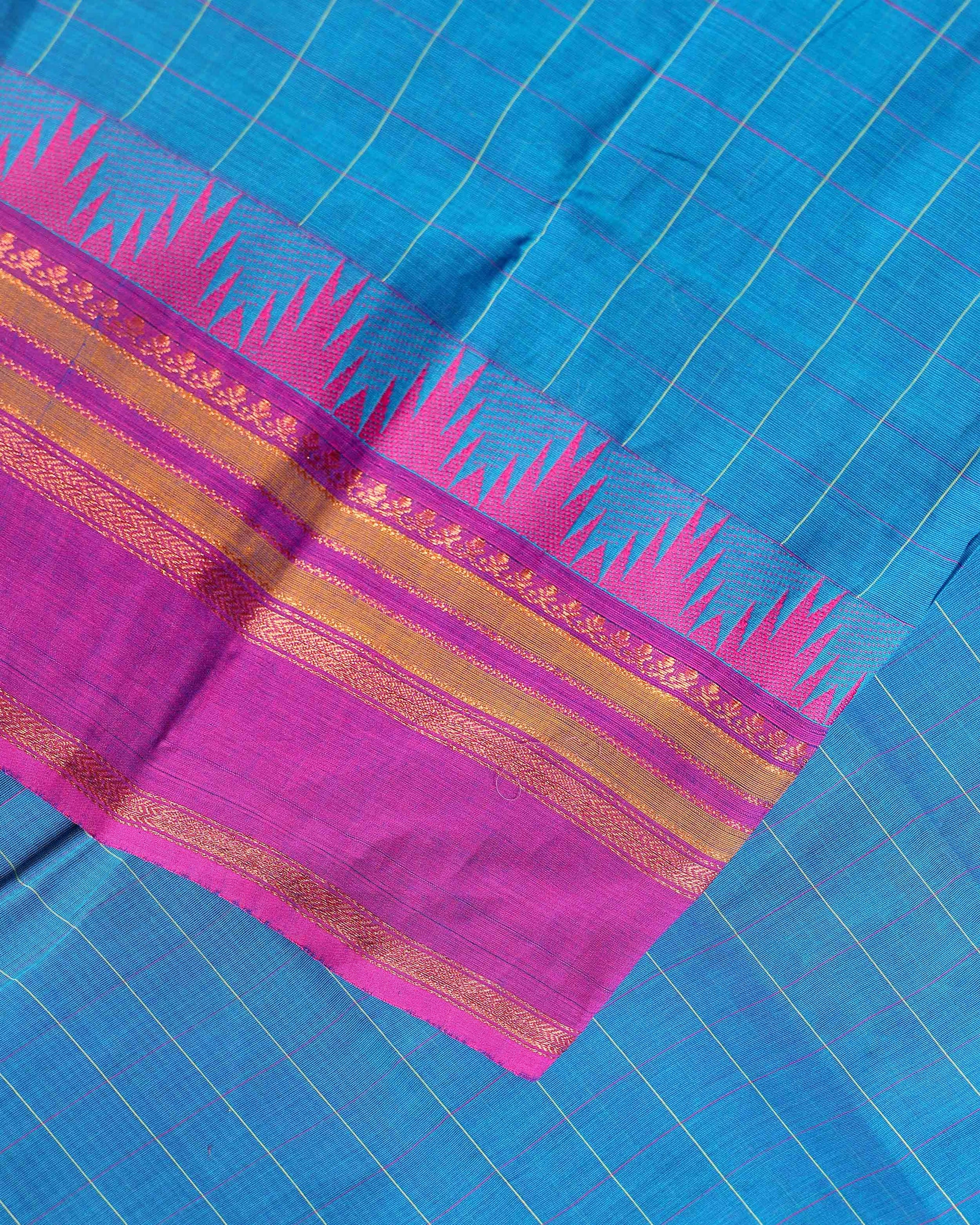 Elegant Chettinad Handloom Cotton Saree with Striped Body and Temple Border - Blue