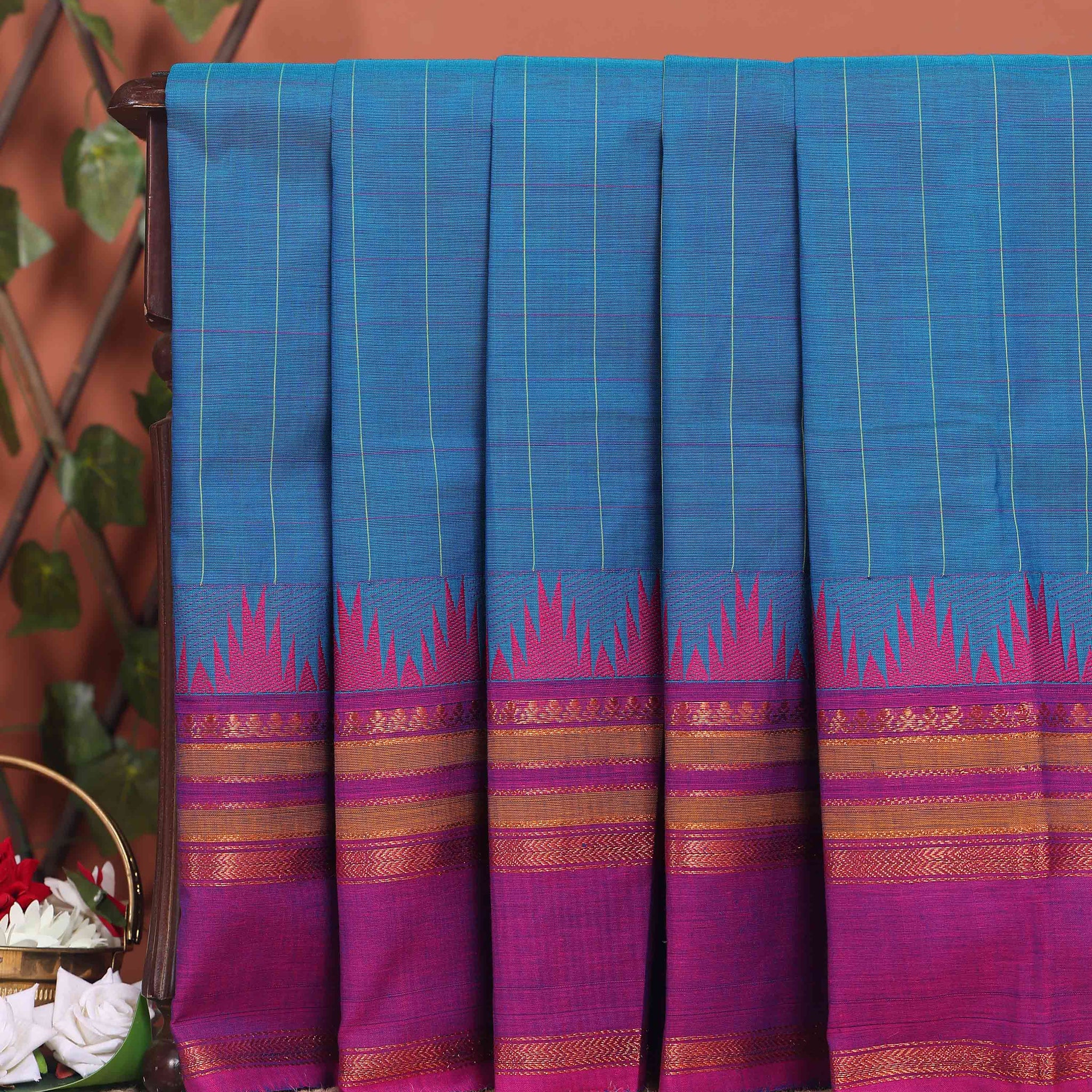 Elegant Chettinad Handloom Cotton Saree with Striped Body and Temple Border - Blue
