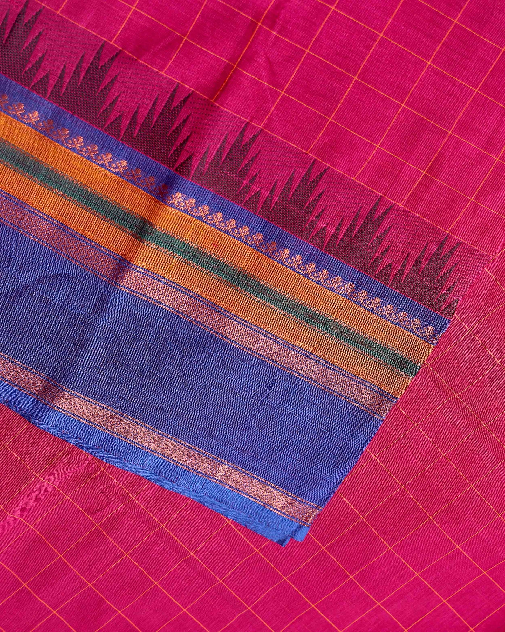 Elegant Chettinad Handloom Cotton Saree with Striped Body and Temple Border - Dark Pink