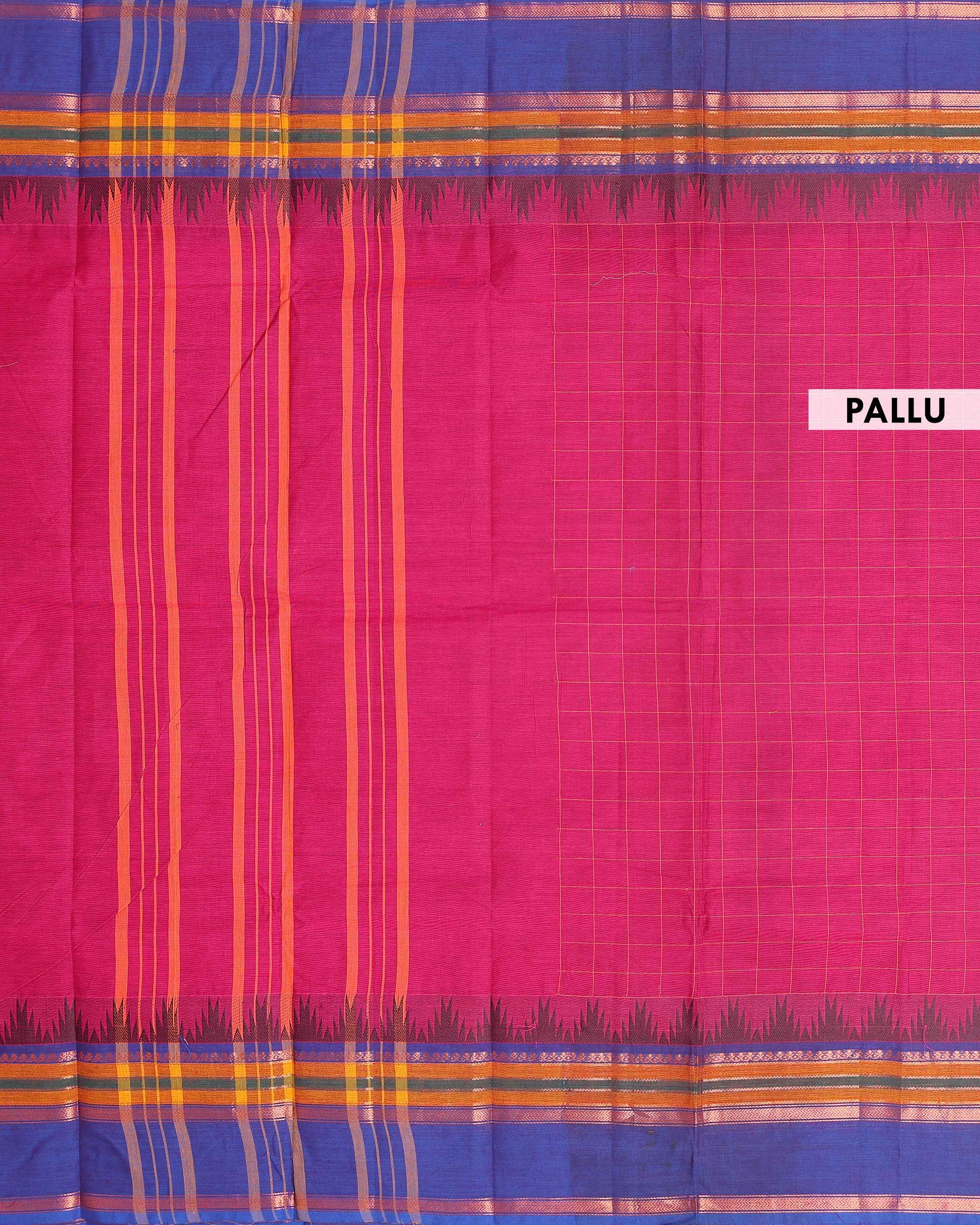 Elegant Chettinad Handloom Cotton Saree with Striped Body and Temple Border - Dark Pink