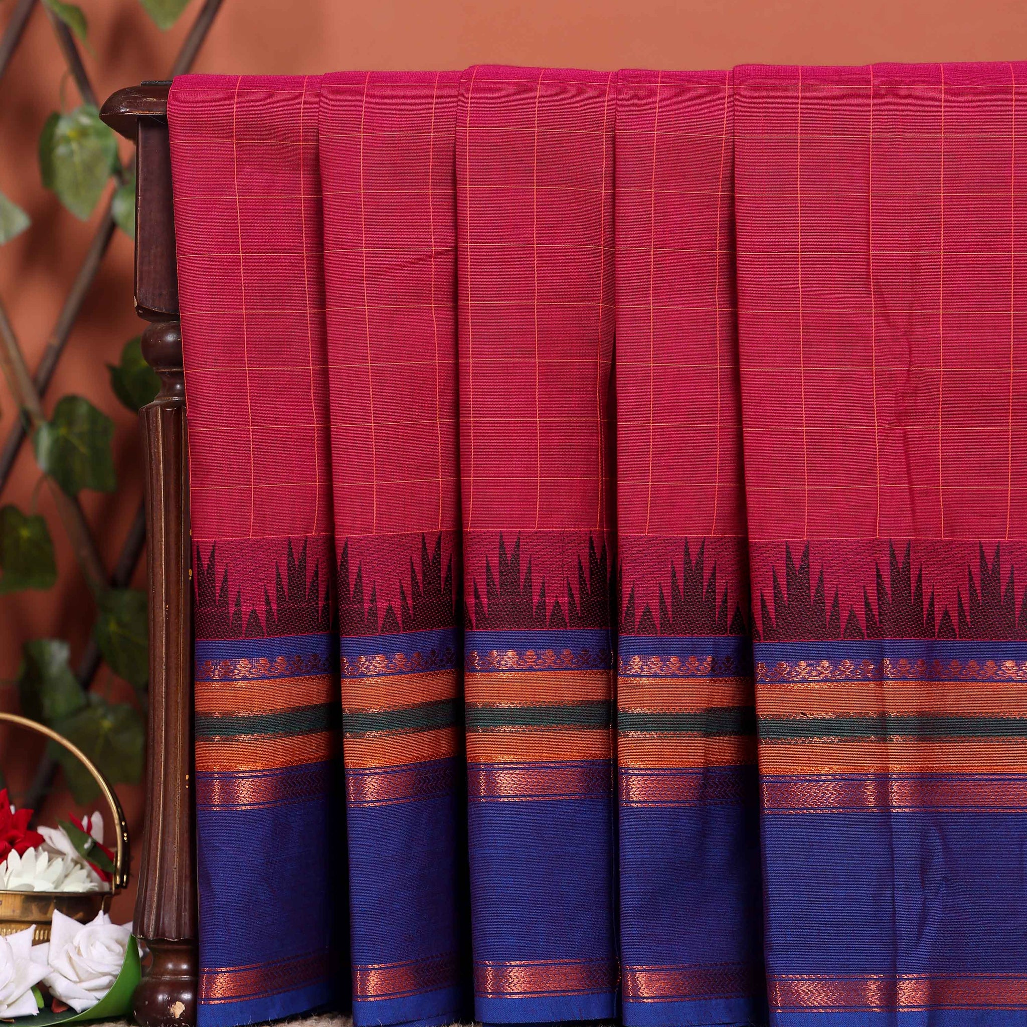 Elegant Chettinad Handloom Cotton Saree with Striped Body and Temple Border - Dark Pink
