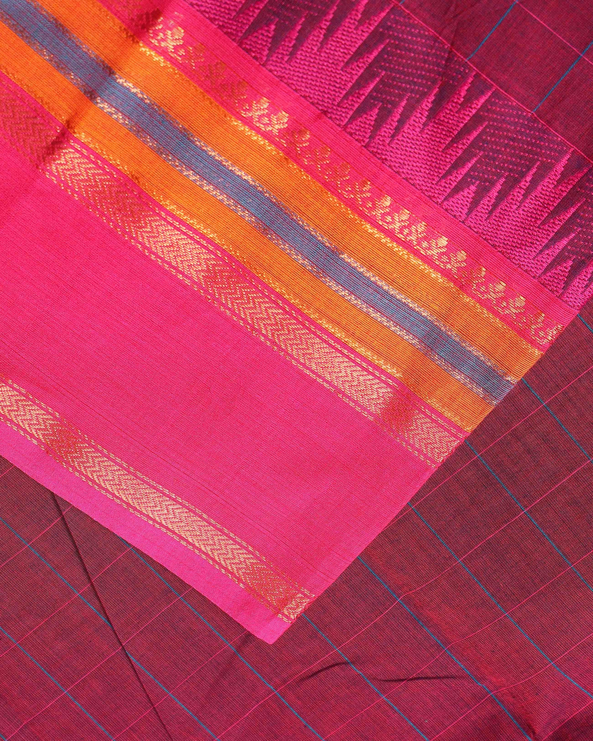 Elegant Chettinad Handloom Cotton Saree with Striped Body and Temple Border - Maroon