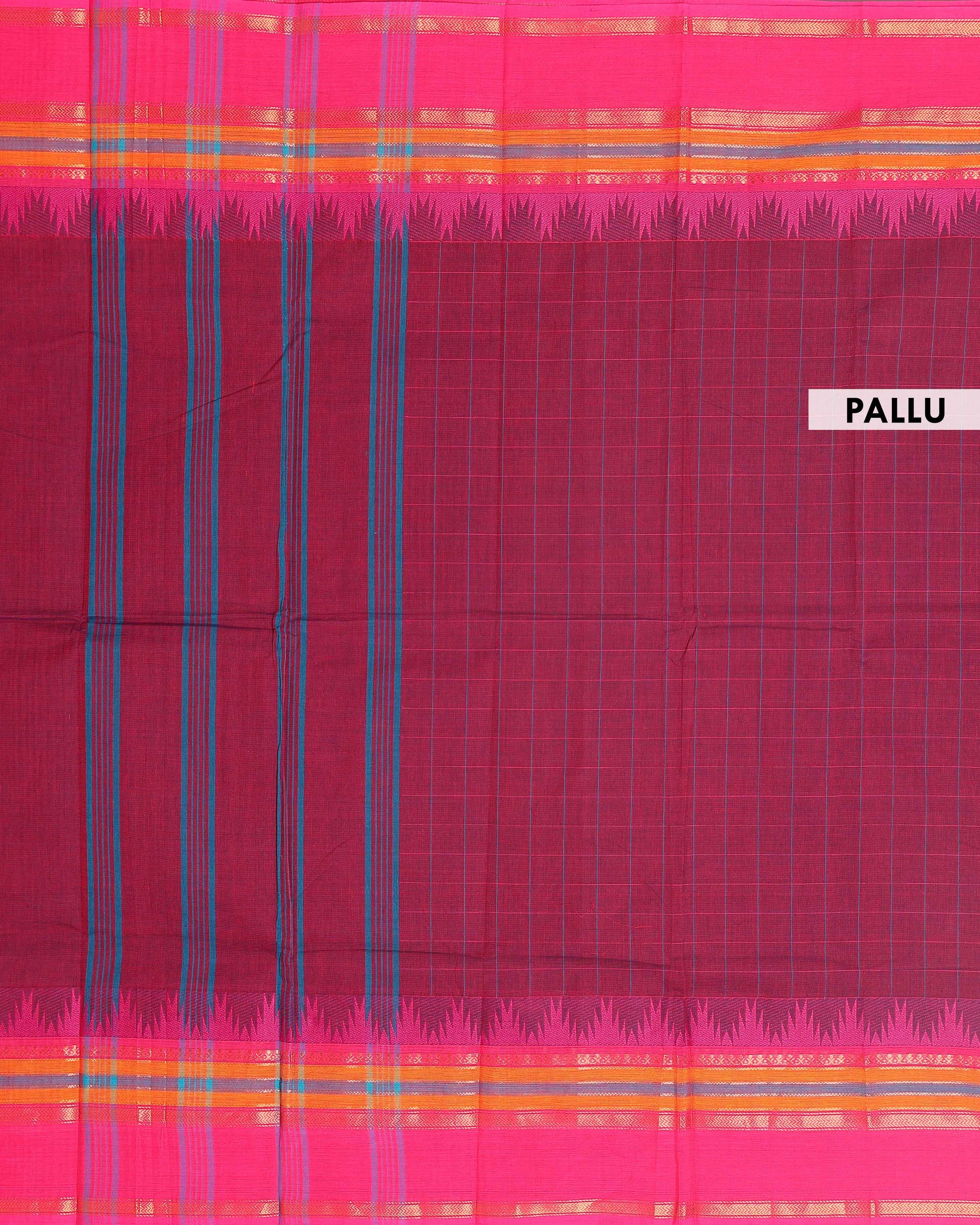 Elegant Chettinad Handloom Cotton Saree with Striped Body and Temple Border - Maroon