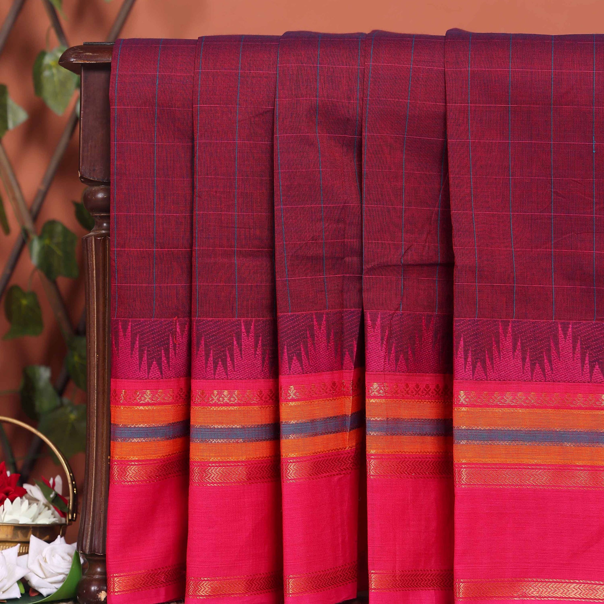 Elegant Chettinad Handloom Cotton Saree with Striped Body and Temple Border - Maroon