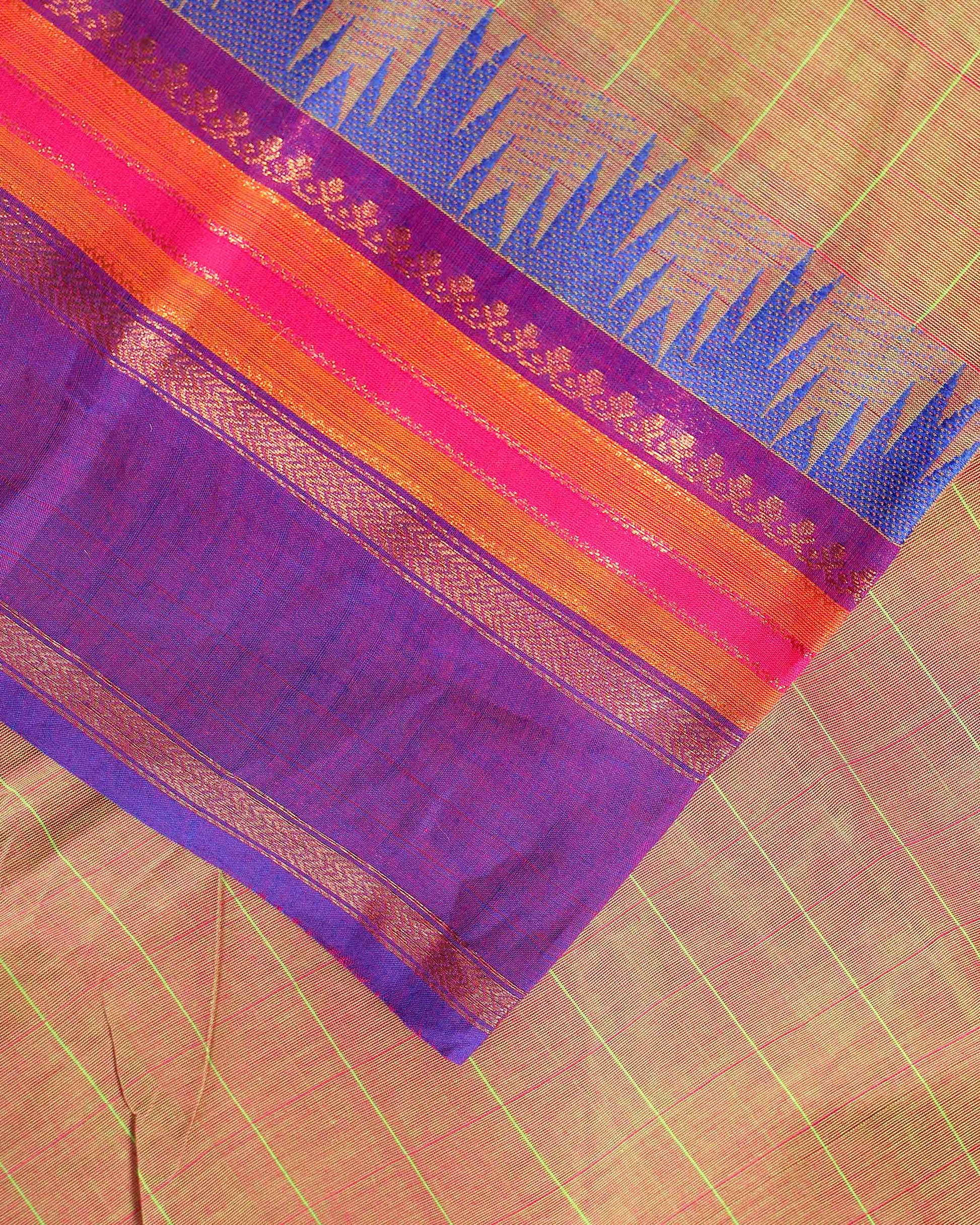 Elegant Chettinad Handloom Cotton Saree with Striped Body and Temple Border - Olive Green
